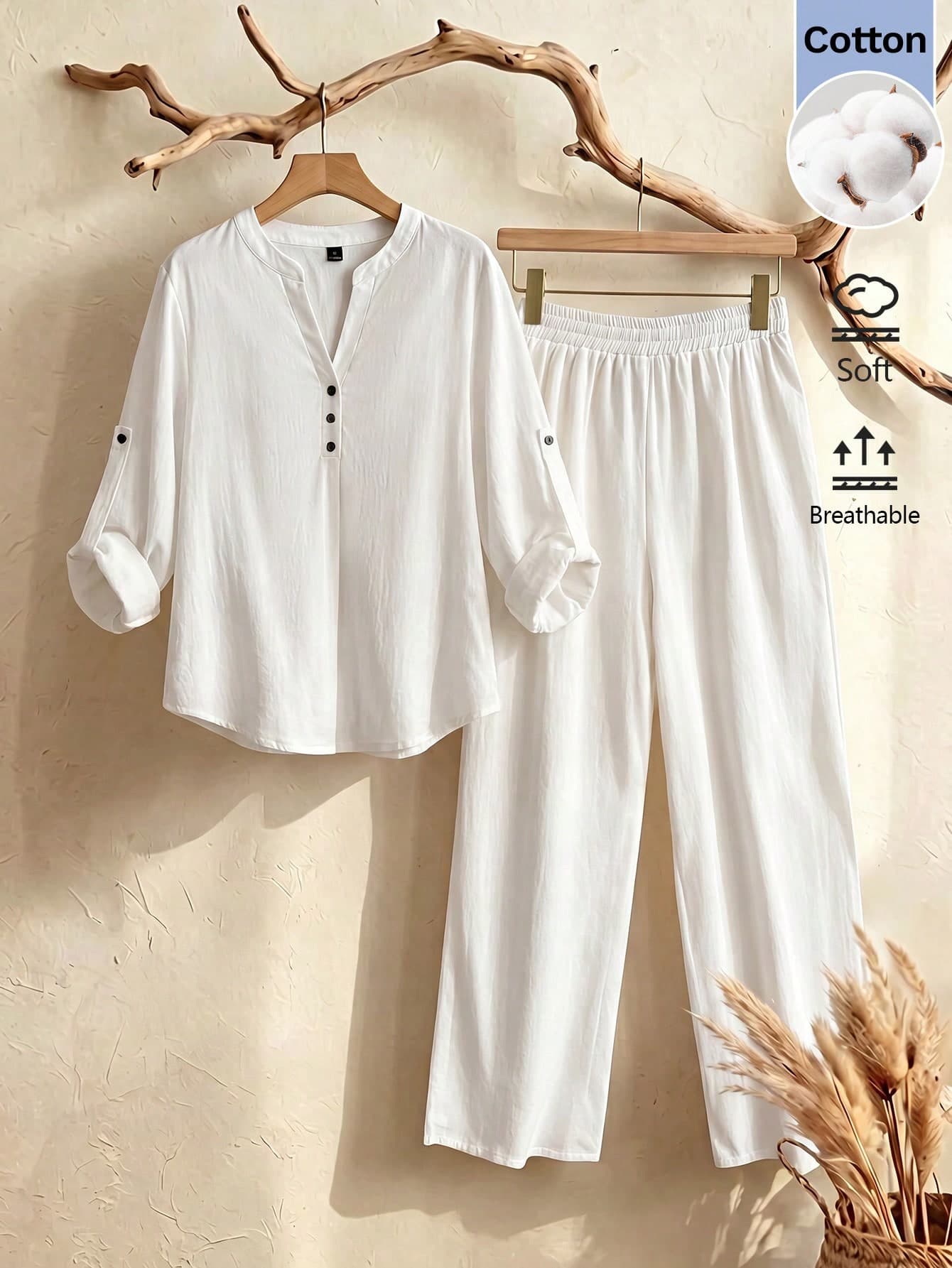 Rusticease Casual Solid Color Shirt And Pants Set Vacation White Autumn Festival Outfits For Women Vacation