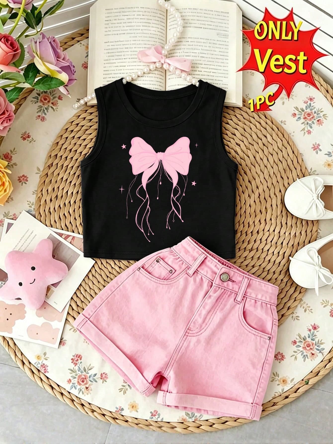Girls' Creative Fresh Pink Bow Pattern Print Casual Basic Tank Top
