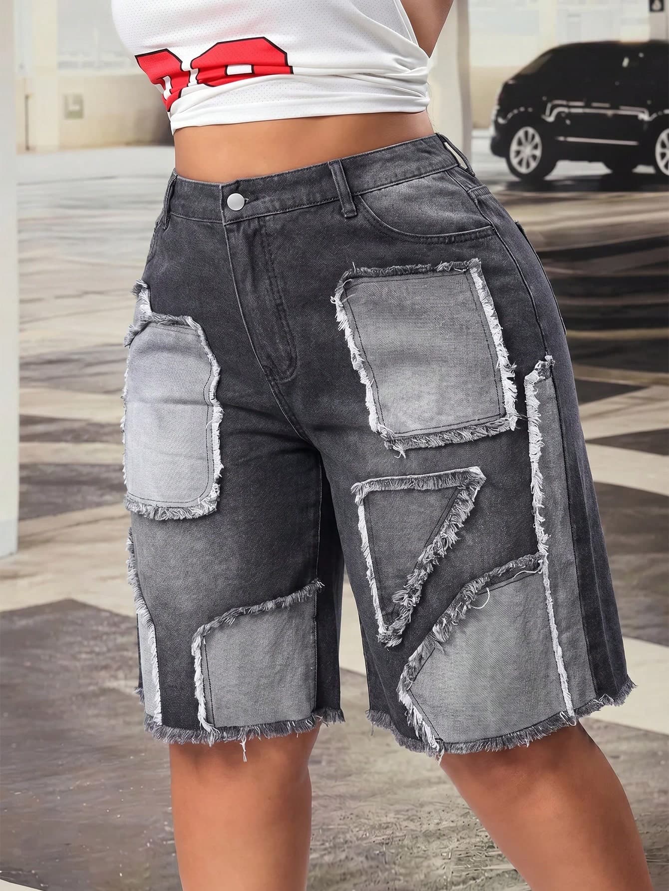 Slaydiva Plus Size Summer Casual Patchwork Denim Shorts