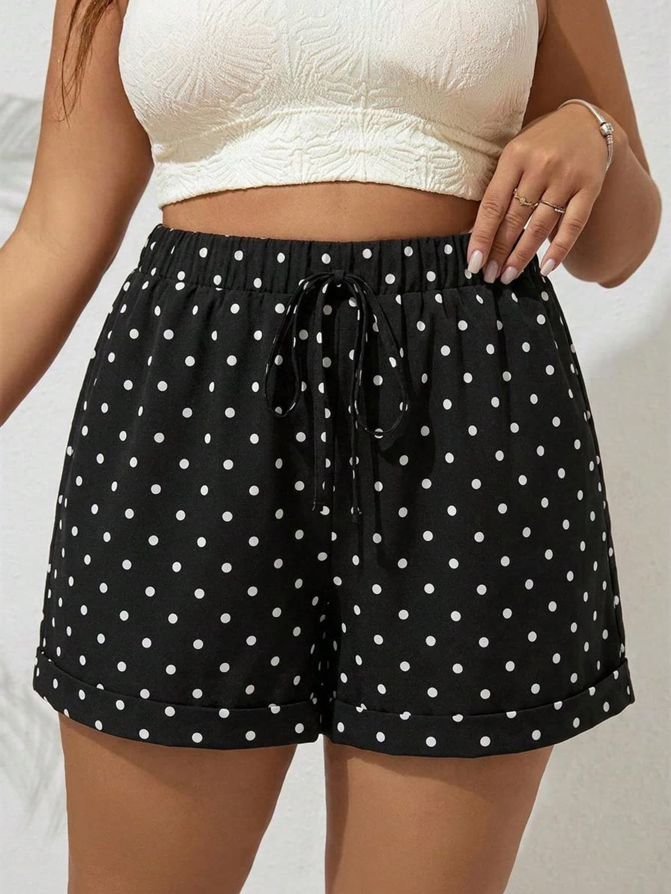 Freevana Plus Size Women's Drawstring Comfortable Casual Polka Dot Pants, Suitable For Beach Vacation, Airport Casual, Summer Travel And Other Occasions, Black Casual Pants Suitable For Summer