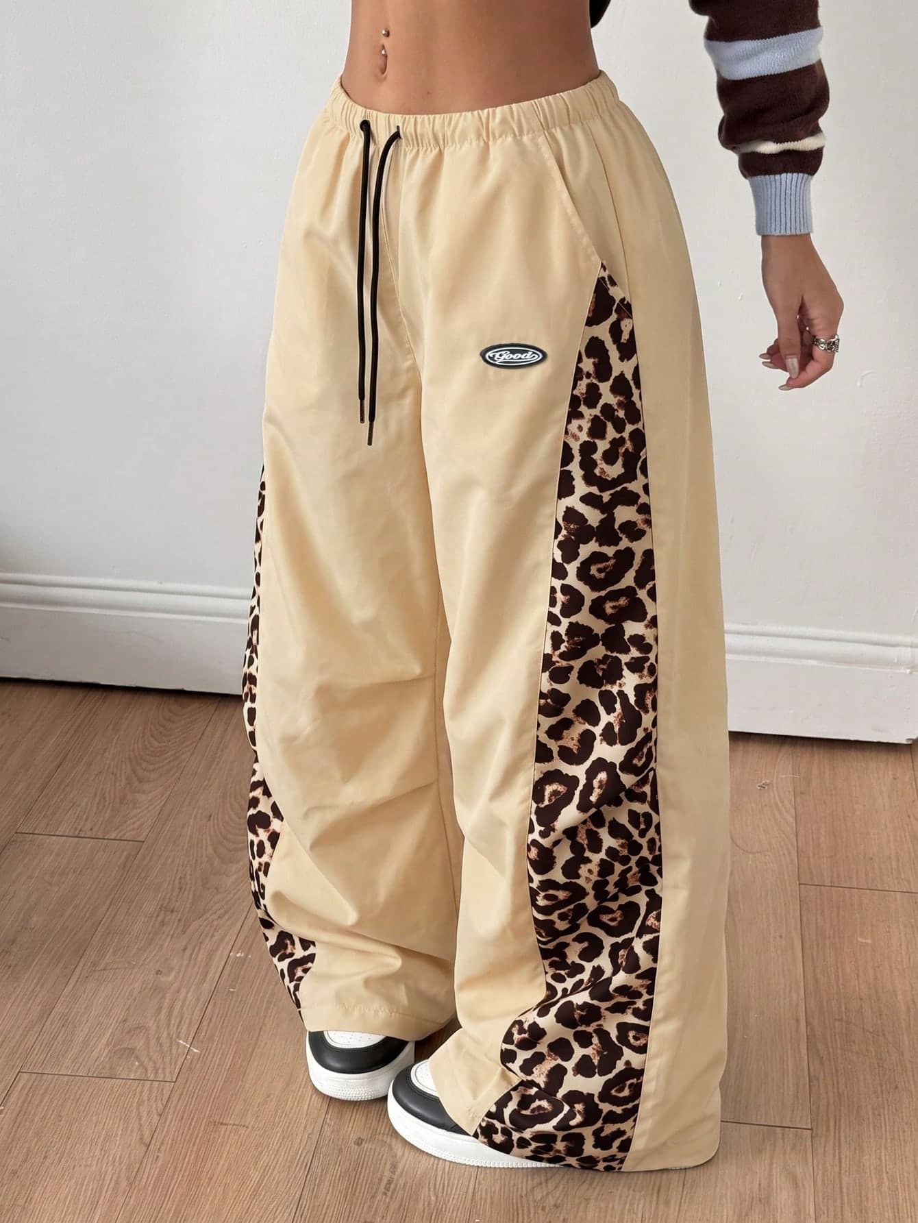 Coolane Women's Men's Plus Size Autumn Streetwear Y2k Casual Yellow Oversize Leopard Print Patchwork Elastic Waist Wide Leg Pants Gym
