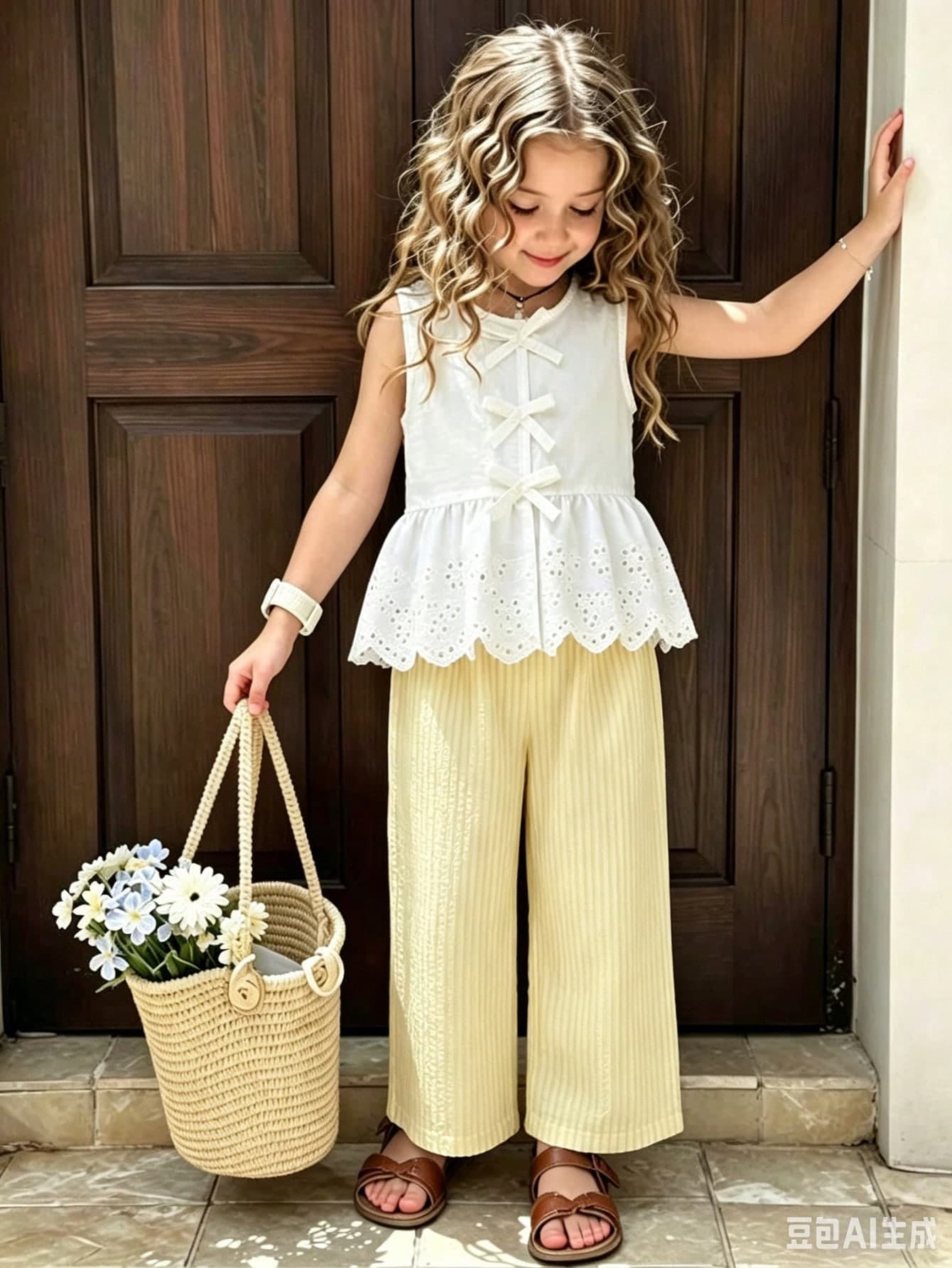 Elladie kids Girls Summer 2-Piece Set Blue Sleeveless Top + Wide Leg Pants Outfit, Summer Outfit Essential For Girls! Refreshing And Comfortable, Gentle On Children's Delicate Skin. Sleeveless Round Neck Top With Simple And Elegant Design, Hollow Embroidery Detail On Hemline For Sweet Elegant; Wide Leg Pants With Loose And Flowy Fit, Perfect For Daily School, Park Play And More