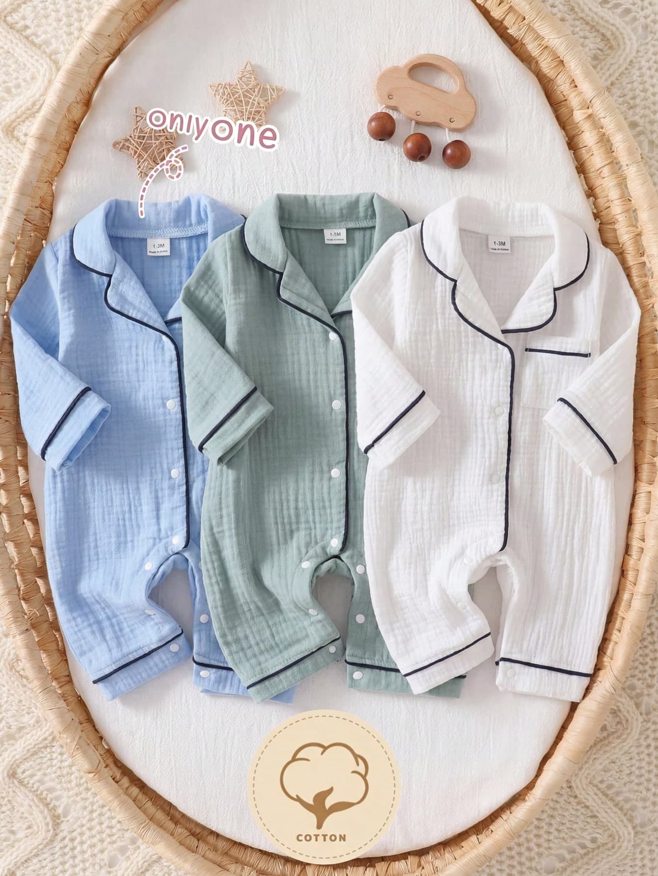 SHEIN Newborn Home Jumpsuit Pajamas, Cotton Crinkle Fabric With Piping Trim, Soft And Comfortable