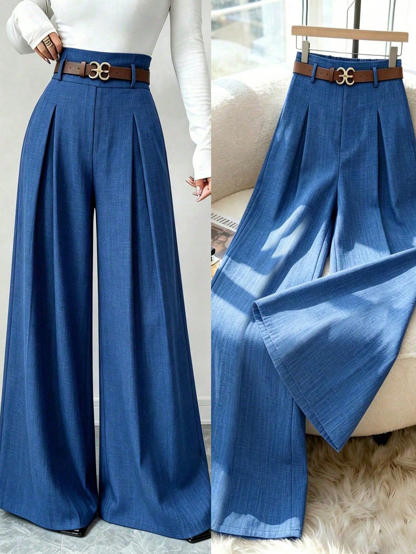 Elenzga Plus Size Solid Light Blue Textured Fabric High Waist Pleated Ultra Wide Leg Long Pants Women Summer Office Commuter Casual Trousers