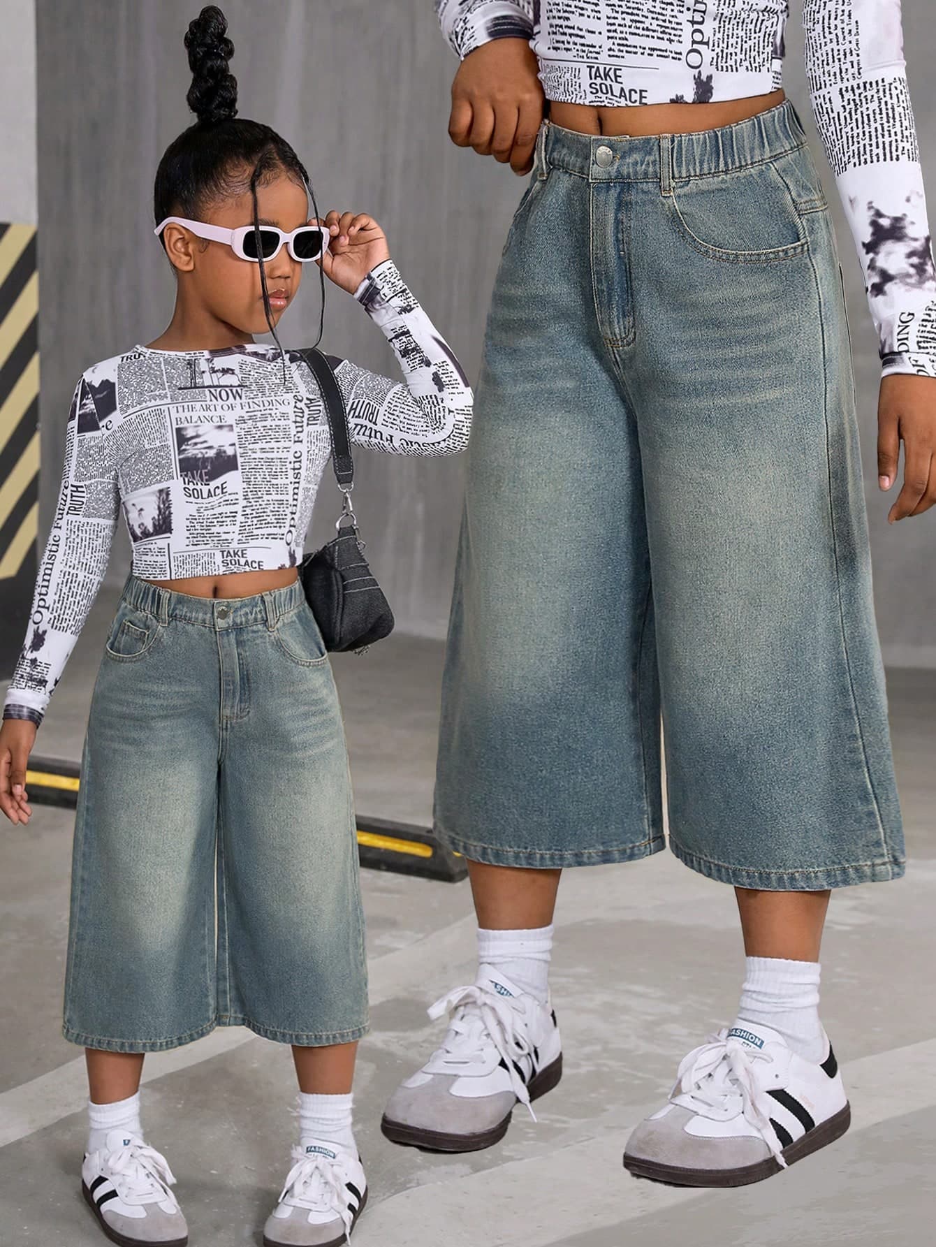 SHEIN Tween Girl Relaxed Fit Vintage Washed Loose Denim Wide Leg Capri Pants, Spring Summer