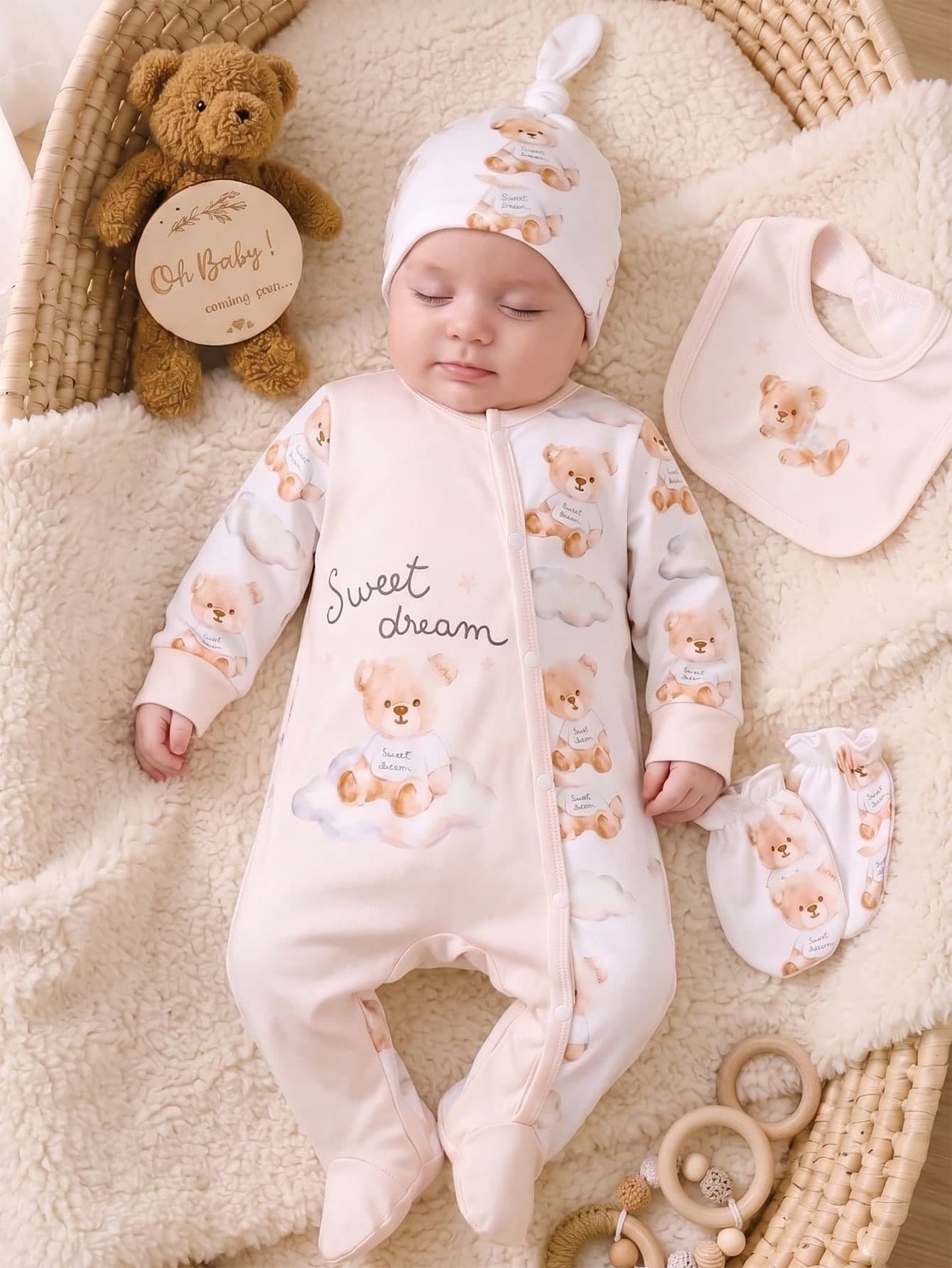 4pcs Newborn Knitted Soft Comfortable Long Sleeve Footed Jumpsuit, Cute Hat, Gloves, Bib, Adorable Bear All-Over Print, Best Gift For Newborn, Versatile And Fashionable, Best Choice