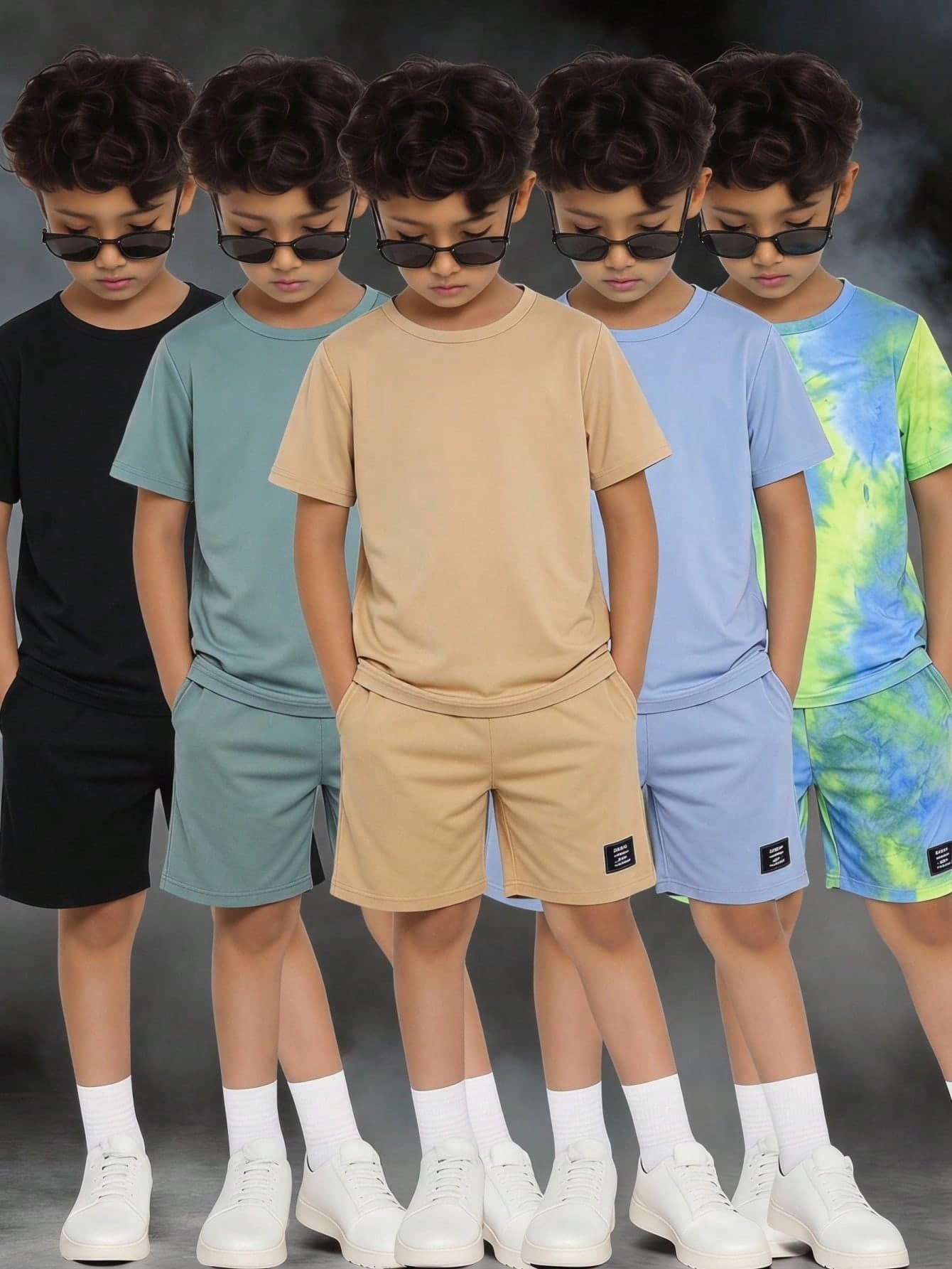 SHEIN 10pcs/Set Tween Boys' Casual Loose Knit Round Neck T-Shirt & Shorts Set,Sage Green,Summer,Family Matching,Basic Top & Bottom For Daily Sports Wear