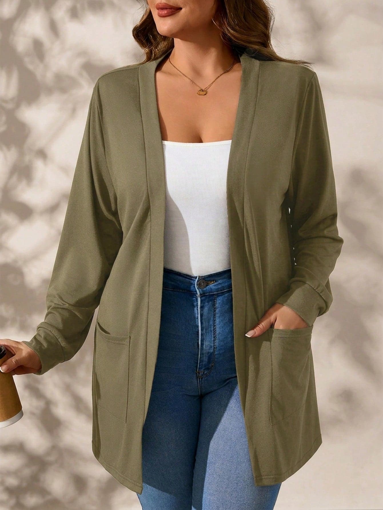 Chikora Plus Size Black Knit Pocket Loose Fit Cardigan With Pockets,Business Casual Woman