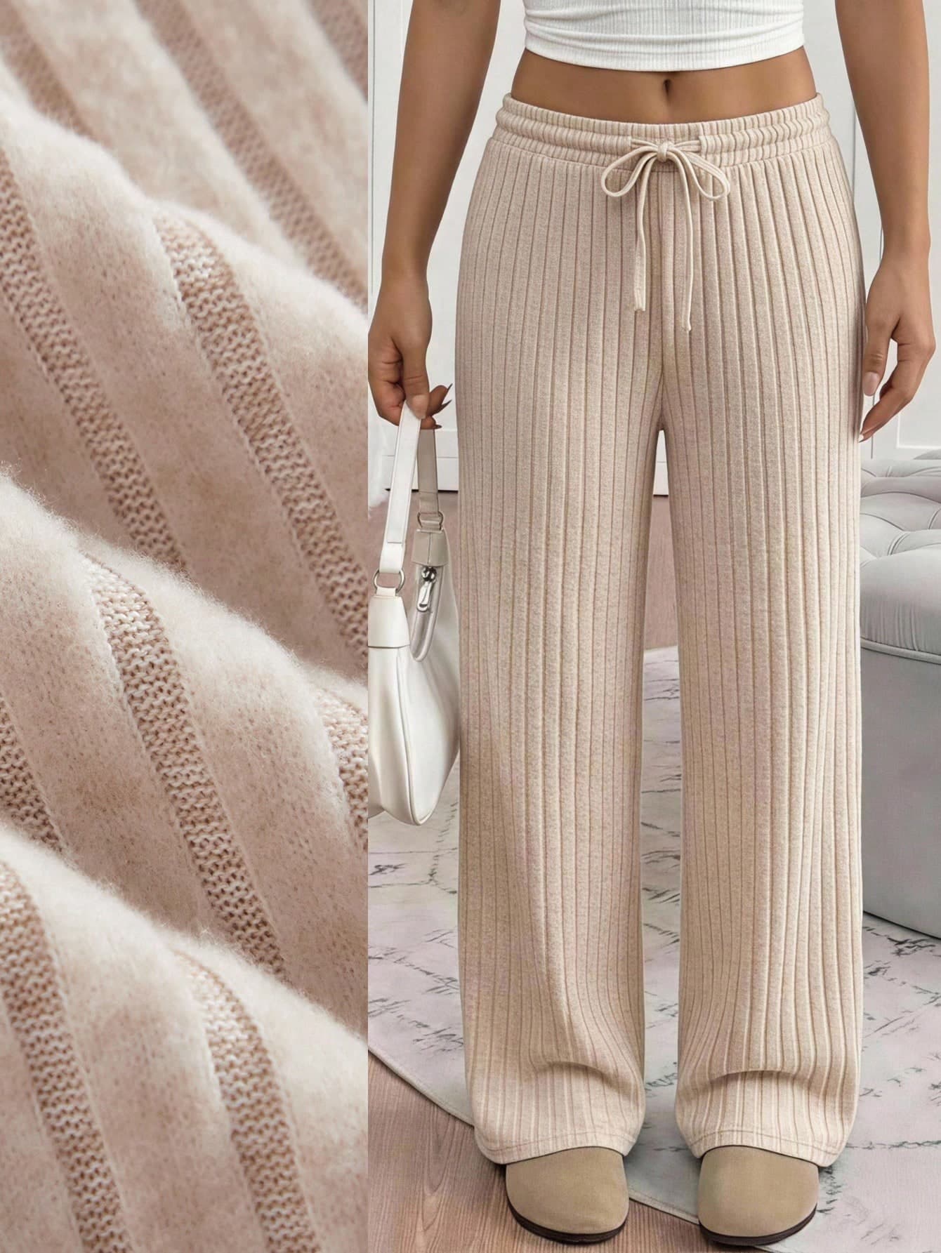 Tween Girl Tween Girl Casual All-Match Apricot Elastic Ribbed Fleece Wide Leg Pants, Comfortable And Soft, Versatile For Back To School, Loose Fit, Suitable For Autumn/Winter