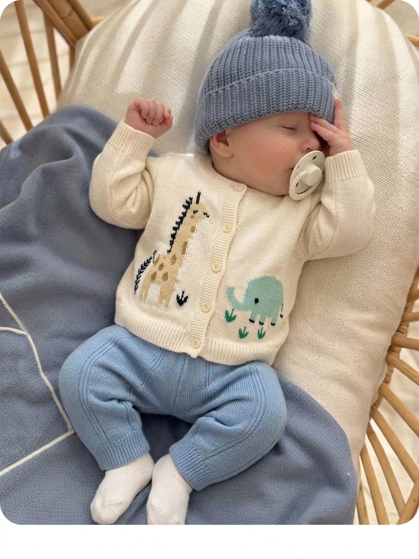 Newborn Baby Deer Jacquard Single-Breasted Long Sleeve Sweater And Knitted Autumn Winter Pants Set