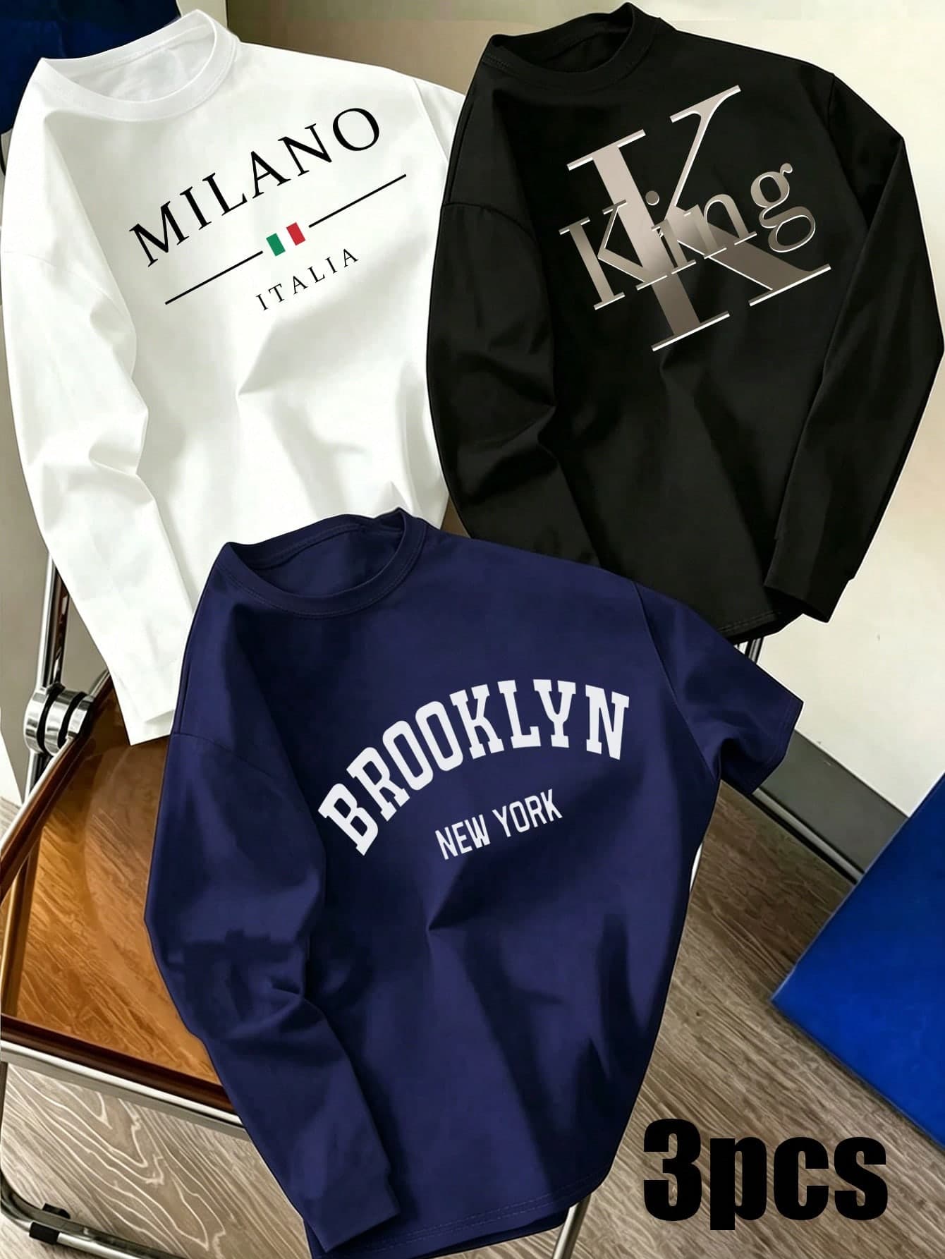 (3 Pcs) Men's Teen Fashion Minimalist Daily Italian New York King Letter Slogan Graphic Print Basic Long Sleeve T-Shirt