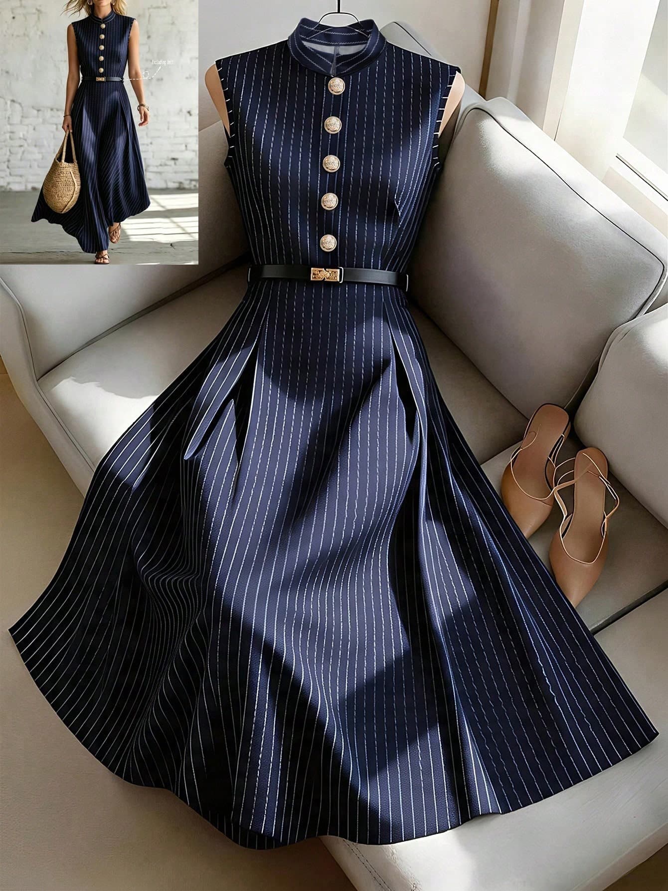 SHEIN Franclia Women's Elegant Navy Blue Striped Sleeveless Dress,French Style Woven Stand Collar Button Decor Flared Skirt,Summer Office Casual Vacation Outfit