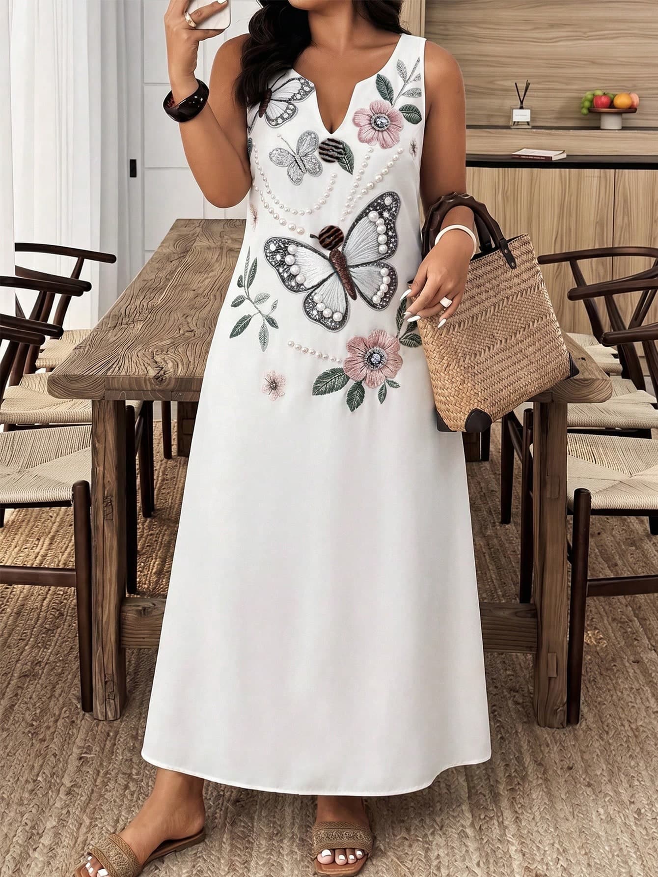Weeklong Black Large Floral Printed Sleeveless V-Neck Button-Accented Maxi Dress - Plus-Size Women's Dress For Vacation, Casual Wear & Office In Spring & Summer