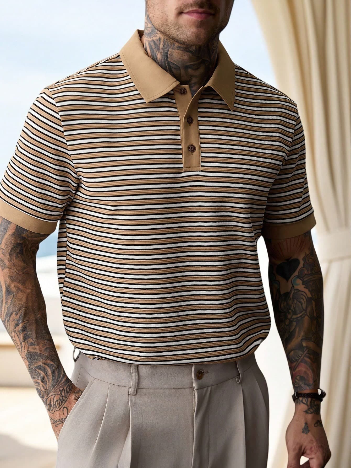 Manfinity Homme Men's Contrast Collar Textured Knit Striped Polo Shirt, Men Retro Casual Short Sleeve Street Top