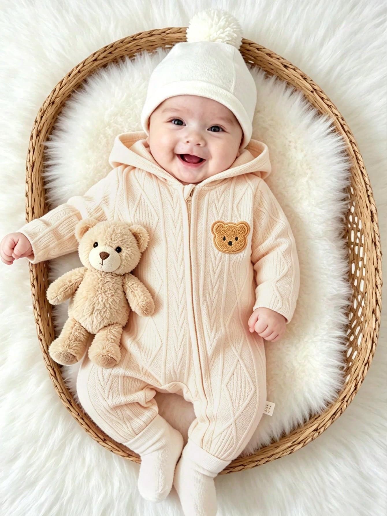 SHEIN Baby Hooded Jumpsuit Newborn Knit Sweater Zipper Outfit For Unisex Boy Soft Adorable White Winter