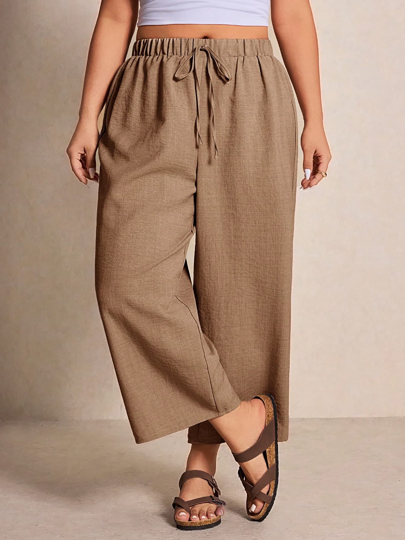 Elaquor Plus Size Women's Solid Color Drawstring Elastic Waist Casual Loose Wide Leg Versatile Long Pants Vacation Khaki Summer