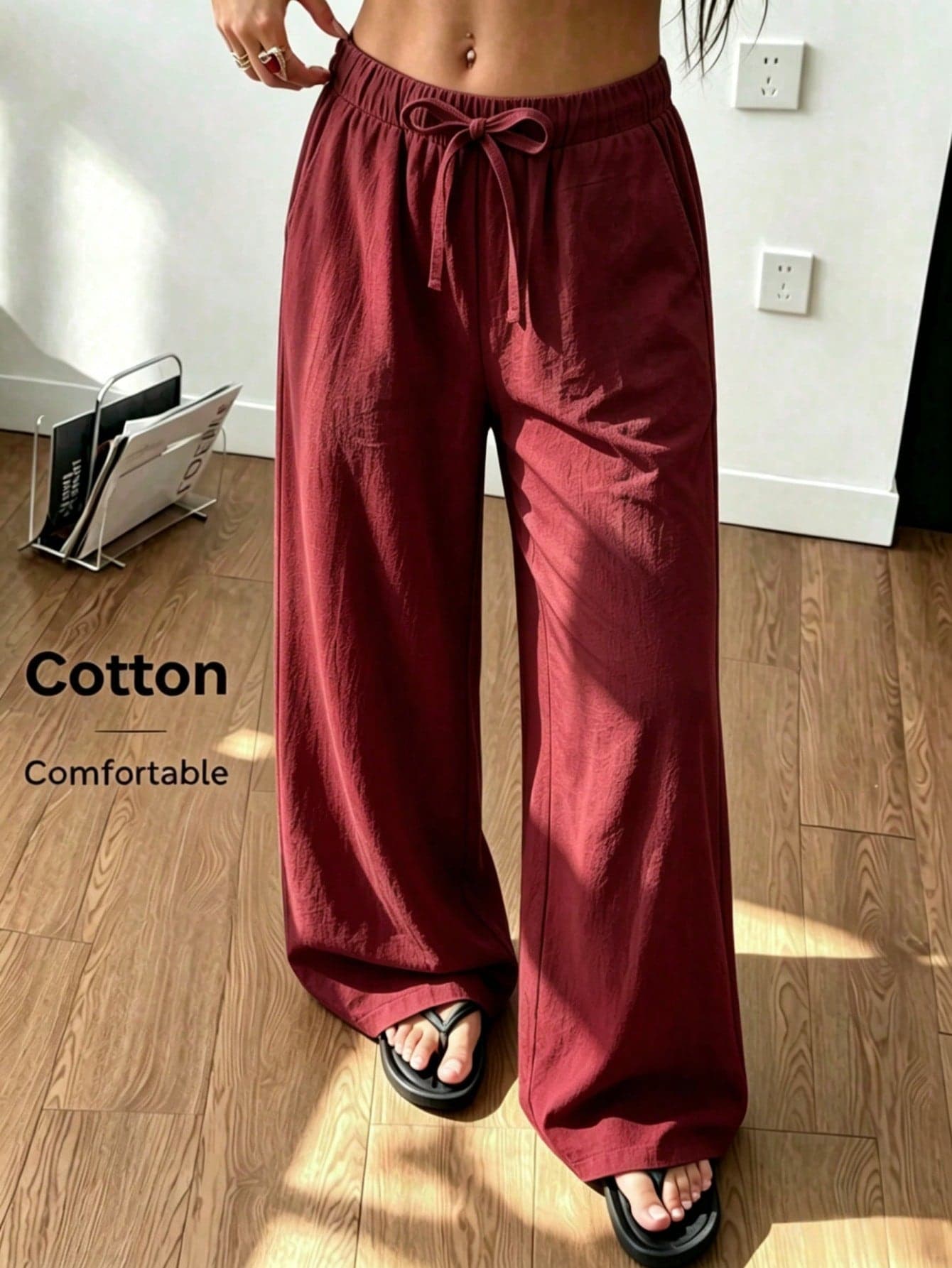 SHEIN Teen Girls Spring/Summer Beach Vacation Casual Daily Home Wear Versatile  Woven Comfortable Solid Color Loose Long Pants With Pockets
