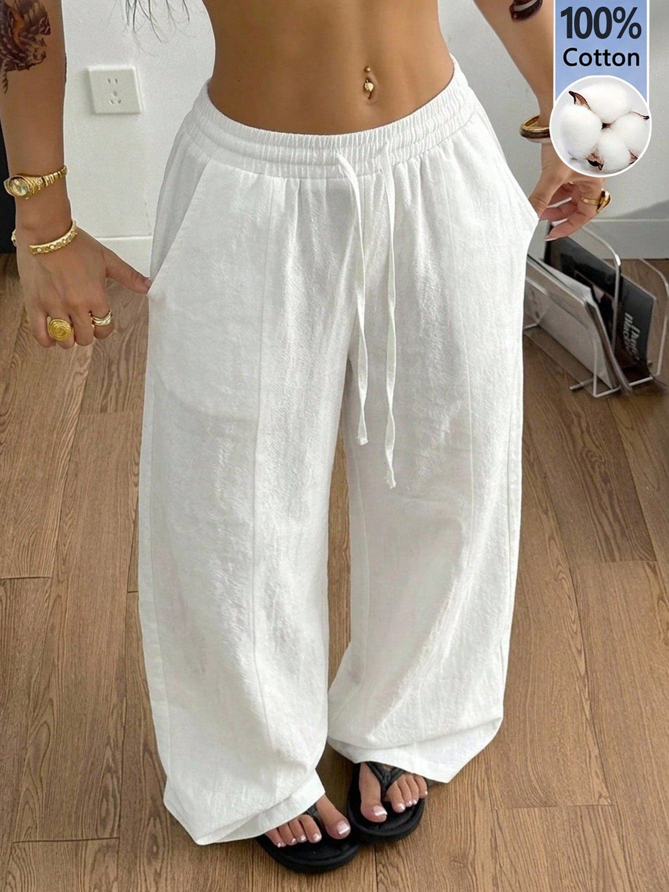 Coolane Women's Summer Country Concert Going Out Beach Outfits Boho Basic Minimalist Vacation Washed 100%Cotton White Pants Curved Hem Pants