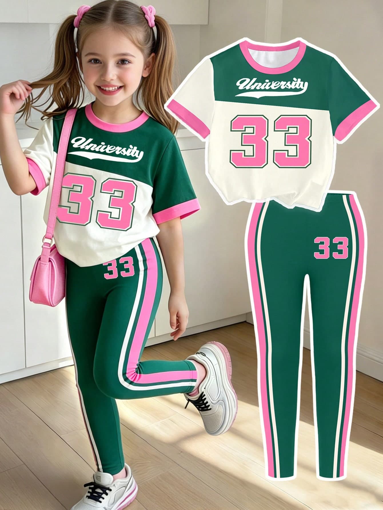 Elladie kids (1 Set) Girls' Fresh Minimalist Daily Number 33 Striped Green & Light Green Letter Slogan Graphic Basic Short T-Shirt & Leggings Set