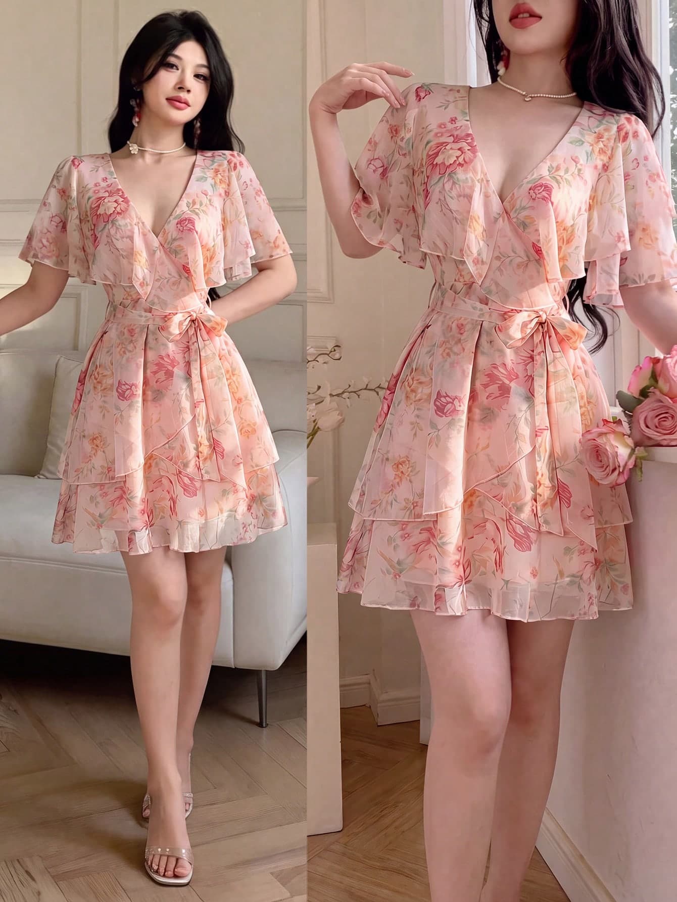 Celisse Women Floral Pink Floral DressFloral Tulle Dress With Tie Waist For Slim Fit, Versatile Flattering Elegant Cute Graduation Party Date Tea Party Summer