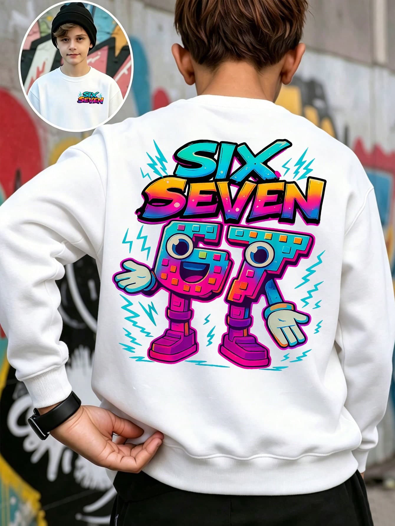 (1 Pc) Boys' Fashion Casual Digital 67 Cartoon Building Block & Lightning Pattern Print Basic Crew Neck Sweatshirt