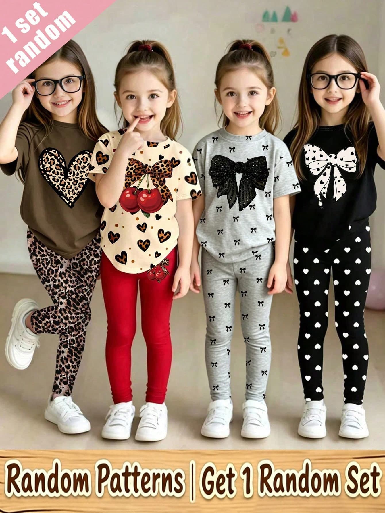 (Random 4 Sets, Send 1 Set) Girls' Fashion Leopard Print Heart Polka Dot Bow Pattern Basic Short T-Shirt And Leggings Set, Daily Wear