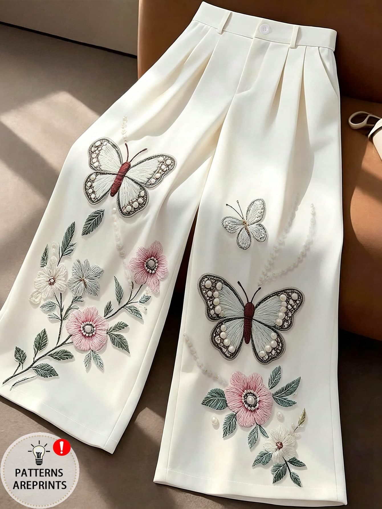 GlowEve CURVE Plus Size Women's Elegant Casual Butterfly Pearl 3D Print Wide Leg White Long Pants, Commute & Vacation