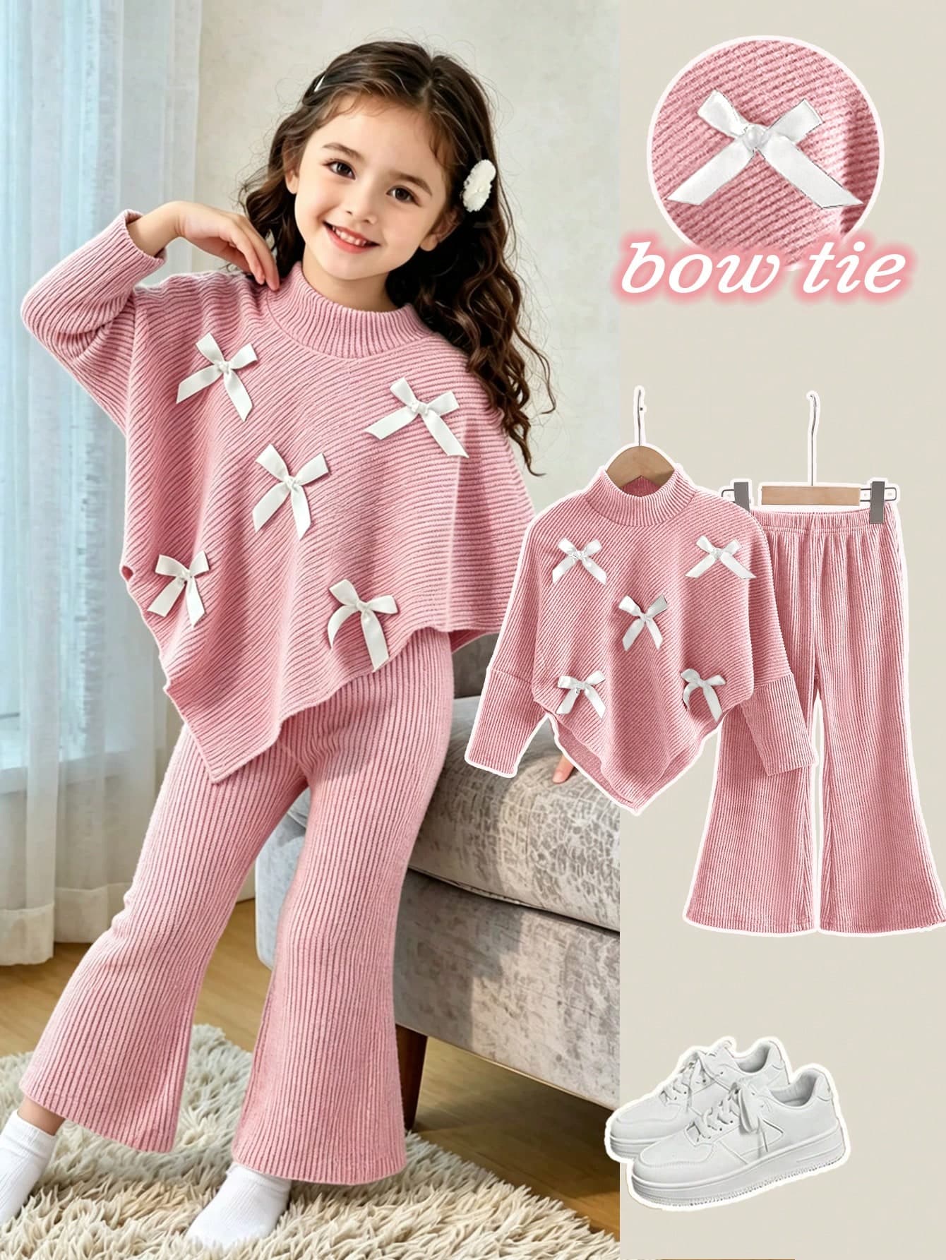Souflis Souflis Young Girls Autumn/Winter New Casual T-Shirt Set, Front White 3D Bow Decor Design, Asymmetrical Pullover High Neck Knitted Ribbed Brushed Fabric Solid Pink Long Sleeve T-Shirt Top Paired With Pink Casual Flared Long Pants, 2-Piece Set Suitable For Autumn/Winter Back To School Season, Elegant Lady Style High-End Daily School, Outing, Travel, Party Wear
