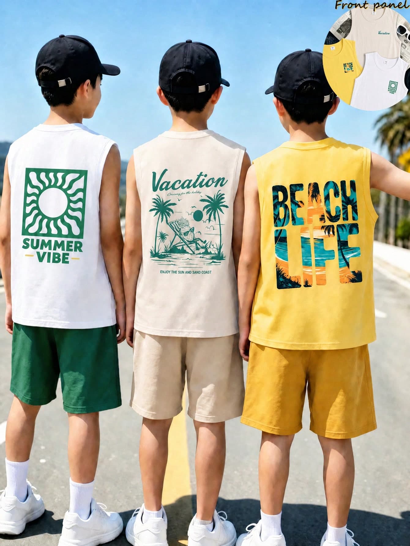 Casuvi Kids 3pcs/Pack Boys Casual Multi-Color Multi-Style Printed Pattern Tank Tops, Suitable For Daily Commute Wear, Pair With Shorts, Comfortable, Cool And Fashionable