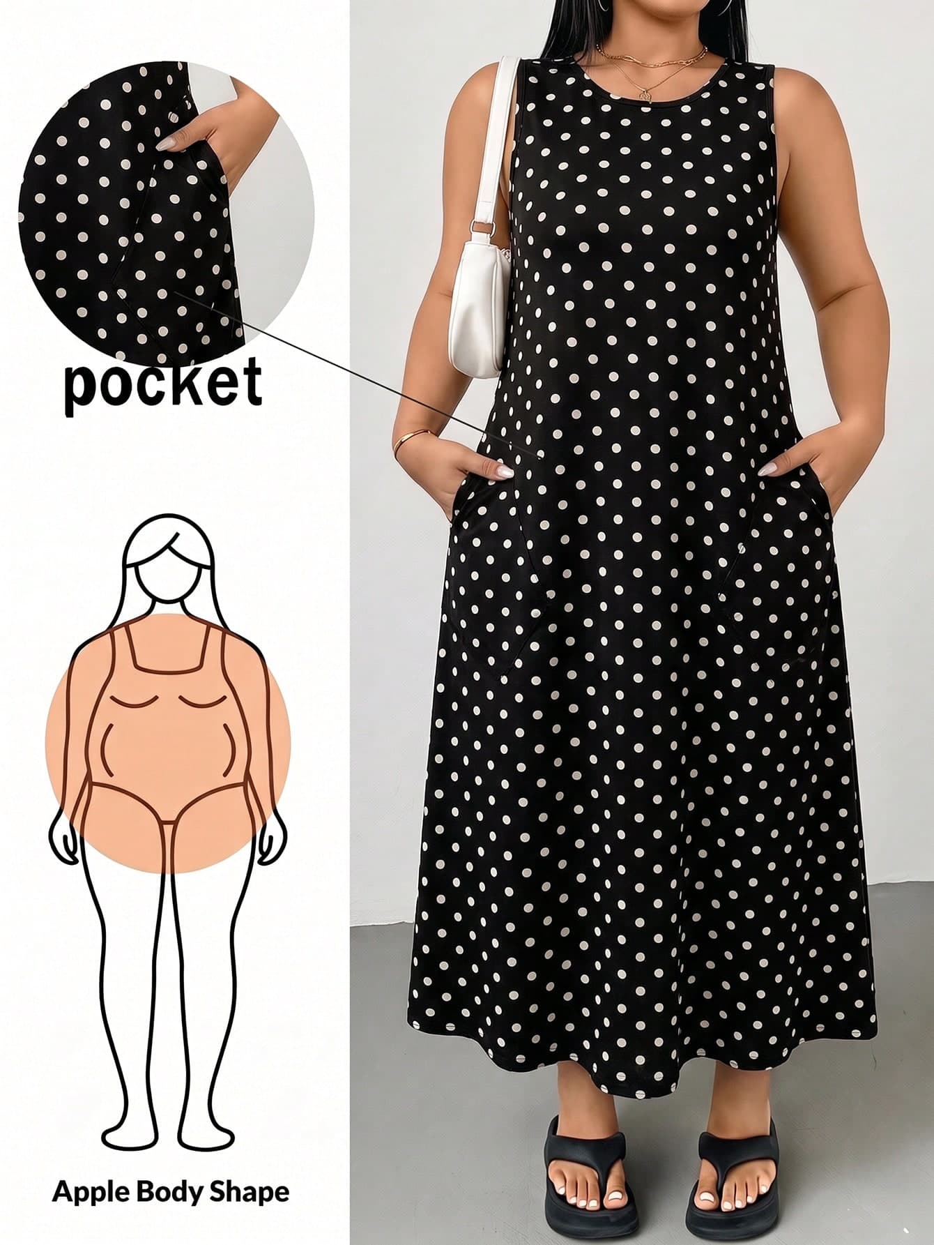 SHEIN Essnce Plus Size Women's Black Polka Dot Summer Casual Vacation Long Tank Dress, Loose Sleeveless With Pockets Design, Comfortable Versatile Everyday All-Match Style