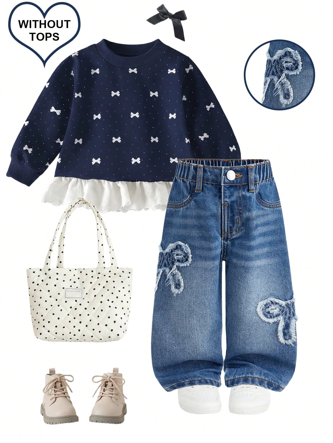 SHEIN Playful Pals Baby Girl Denim Long Pants, Soft Cotton Casual, Fashionable, Versatile, Comfortable, Minimalist, Cute Elastic Waist, Bowknot Applique Embroidery On Both Sides, Loose Straight Wide Leg Fit, Medium Blue Washed Denim Long Pants Suitable For Daily Wear And Vacation