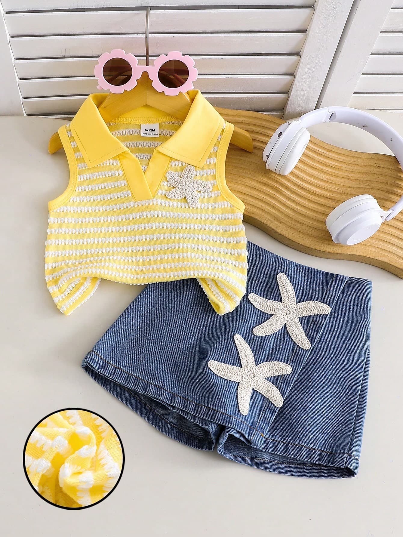 SHEIN Playful Pals 2pcs/Set Summer Colorful Knitted Fabric Lapel Patchwork Starfish Decor Tank Top + Denim Skorts, Vintage Cute Baby Girl's Clothing Set