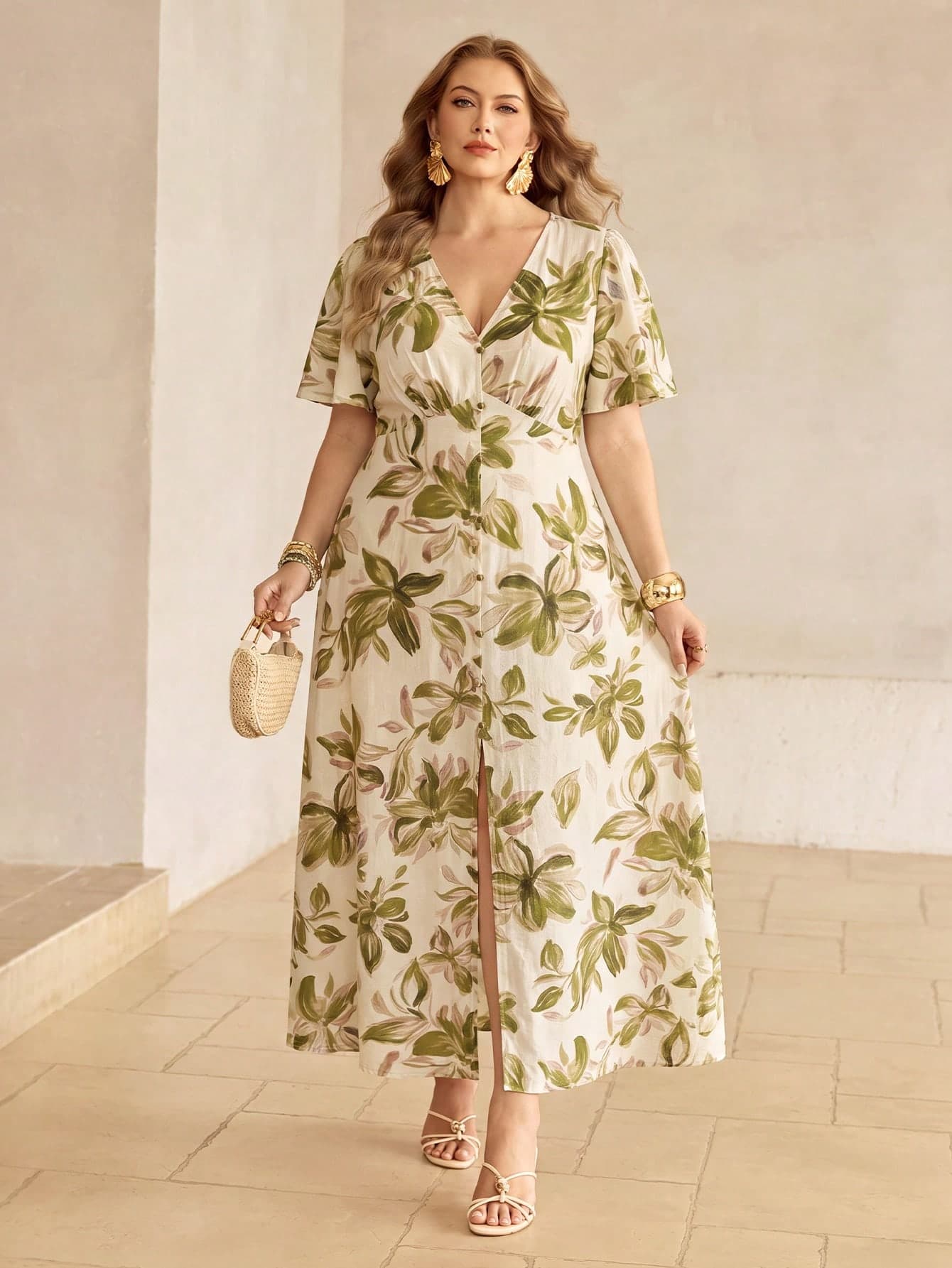 Roveilla Plus Size Women's Solid Color Floral Print V-Neck Cinched Waist Button-Up A-Line Hem Slit Flared Sleeve Mid-Length Dress, Elegant Beach Vacation Green