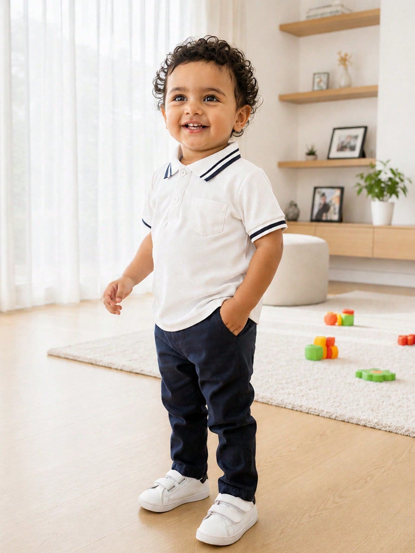 SHEIN Playful Pals Baby Boy Casual Decorative Half-Button Front Polo Shirt With Elastic Waist Pocket Pants 2 Pieces Set, Suitable For Casual Daily Wear, Vacation Travel, School