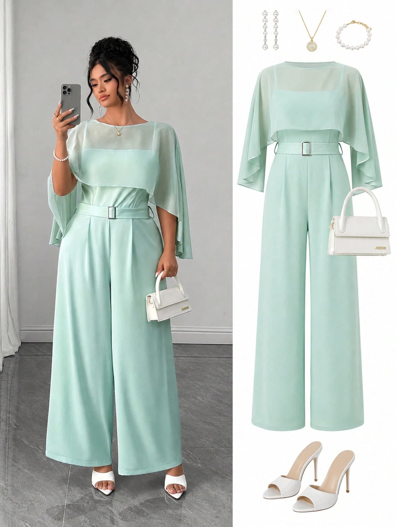 Elenzga Plus Size Women's Elegant Daily Commute Minimalist Round Neck Flowy Chiffon Semi-Sheer Shawl And Spaghetti Strap Spaghetti Strap Backless Waist Belt Slimming Long Jumpsuit Green 2-Piece Set