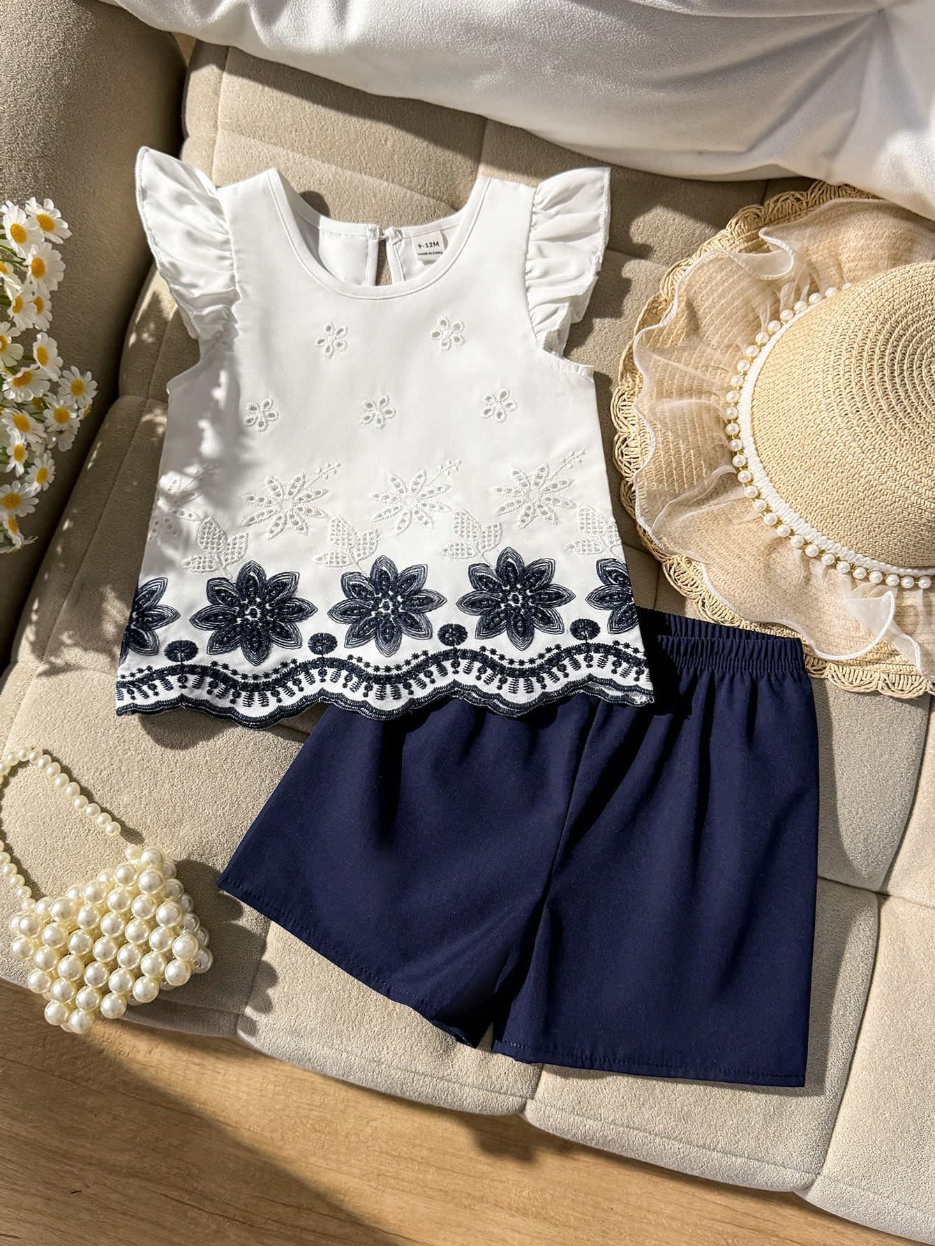 SHEIN Playful Pals 2pcs/Set Toddler Baby Girls Vacation Floral Embroidered Fabric Sleeveless Top & Shorts Set, Baby Girls Summer Outfit Toddler Girls Blue And White Set