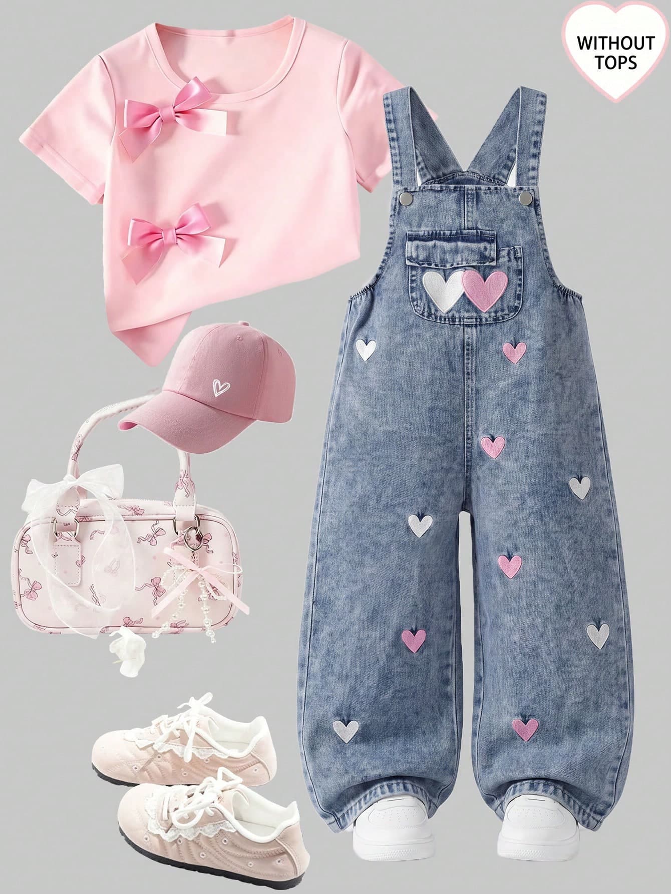 SHEIN Elladie kids Girls' Denim Overalls, New All-Season Style, Casual Versatile Design, Vintage Light Blue Denim Color, Pink And White Heart Embroidery, Loose Straight-Leg Fit, Comfortable Fine Cotton Denim Fabric, Fashionable Daily Wear, All-Season Girls' Denim Overalls