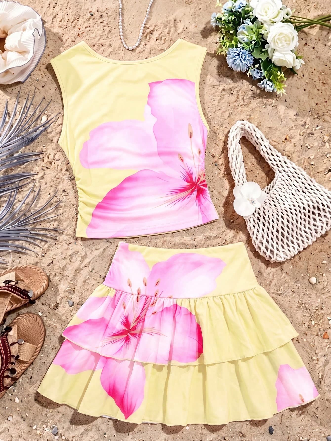 SHEIN Sparklyn Light Yellow Floral Print Set, Featuring Asymmetrical Shoulder Sleeveless Top Paired With Double-Layer Ruffle Hem Skirt Design, Slim Fit Silhouette Accentuating Lines, Side Waist Pleats Adding Dynamic Charm. Gradient Pink Tones Combined With Vibrant Floral Print, Gentle Yet Slightly , Exuding Soft Feminine Aura, Perfect For Summer Outings Or Casual Occasions