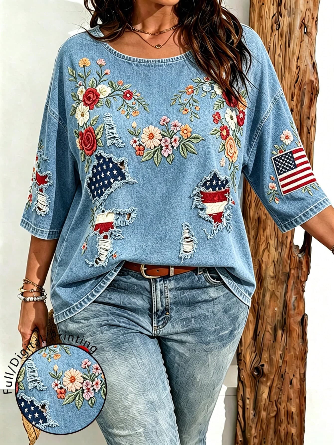 EMERY ROSE Plus Size Women's Casual Striped And Faux Denim Print Drop Shoulder T-Shirt, Suitable For Summer Wear