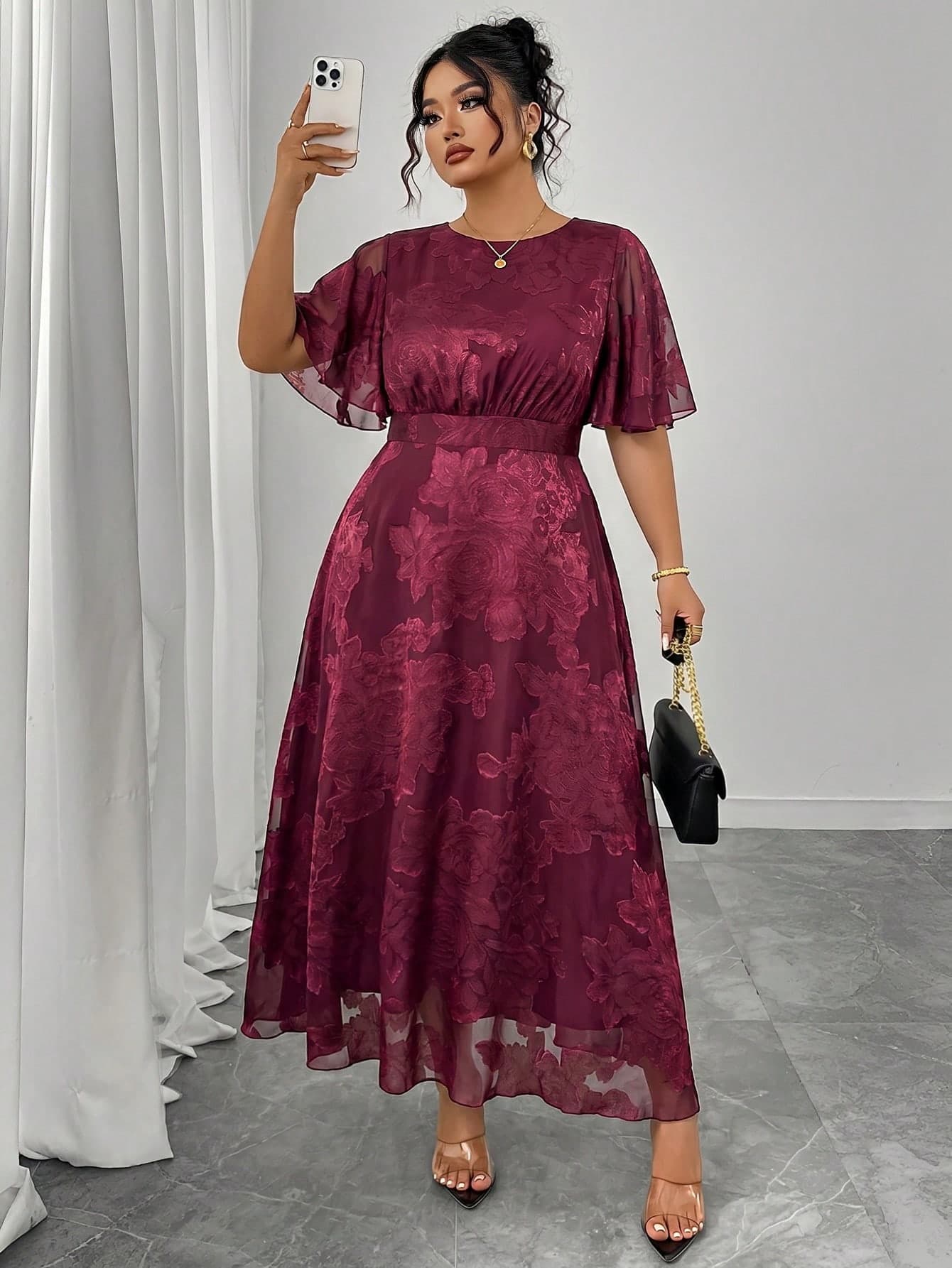 Modelyn Women's Plus Size Elegant Spring/Summer Round Neck Ruffle Flare Sleeve Fitted Drape Chiffon Dress
