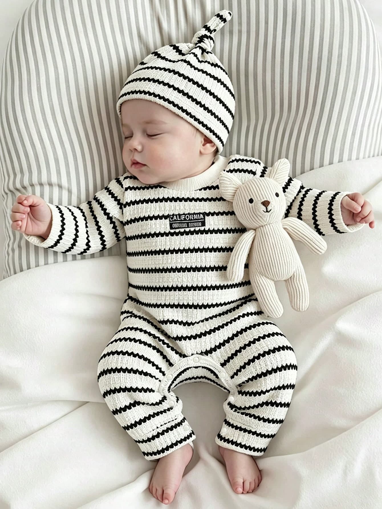 SHEIN Newborn Baby Boy Autumn/Winter Knitted Striped Fashion Casual Long Sleeve Round Neck Shoulder Opening Romper With Cute Protective Hat, Letter Patch Decoration On Chest, Playful Cute Childlike Fashion Versatile Simple, Suitable For Baby Autumn/Winter Comfortable Casual Wear, Suitable For Daily Home Gatherings