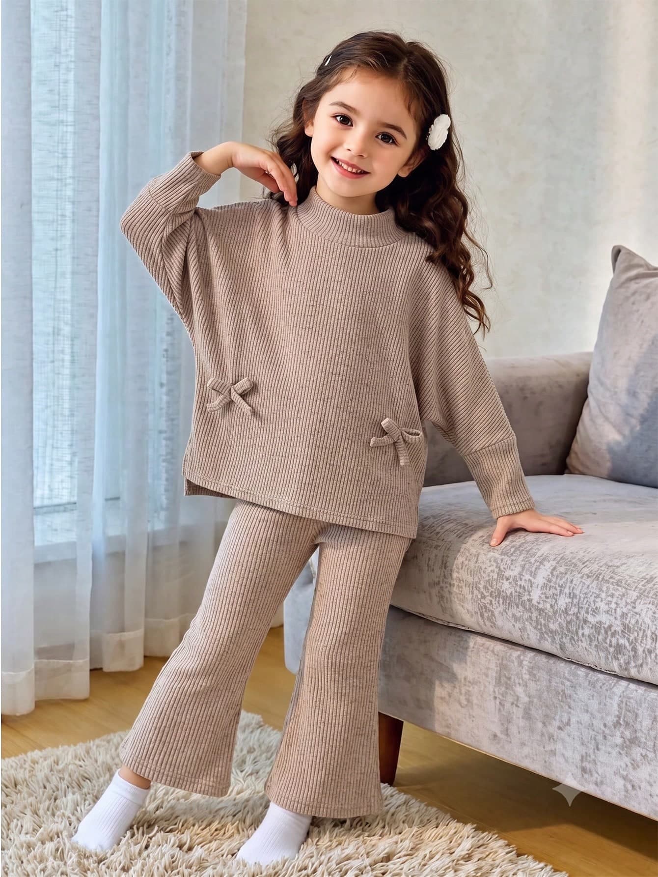 SHEIN Playful Pals Young Girls Autumn & Winter New Casual Two-Piece Outfit: Solid Beige Brushed Ribbed Knit High-Neck Top  Matched With Trousers, Total 2 Pieces Set