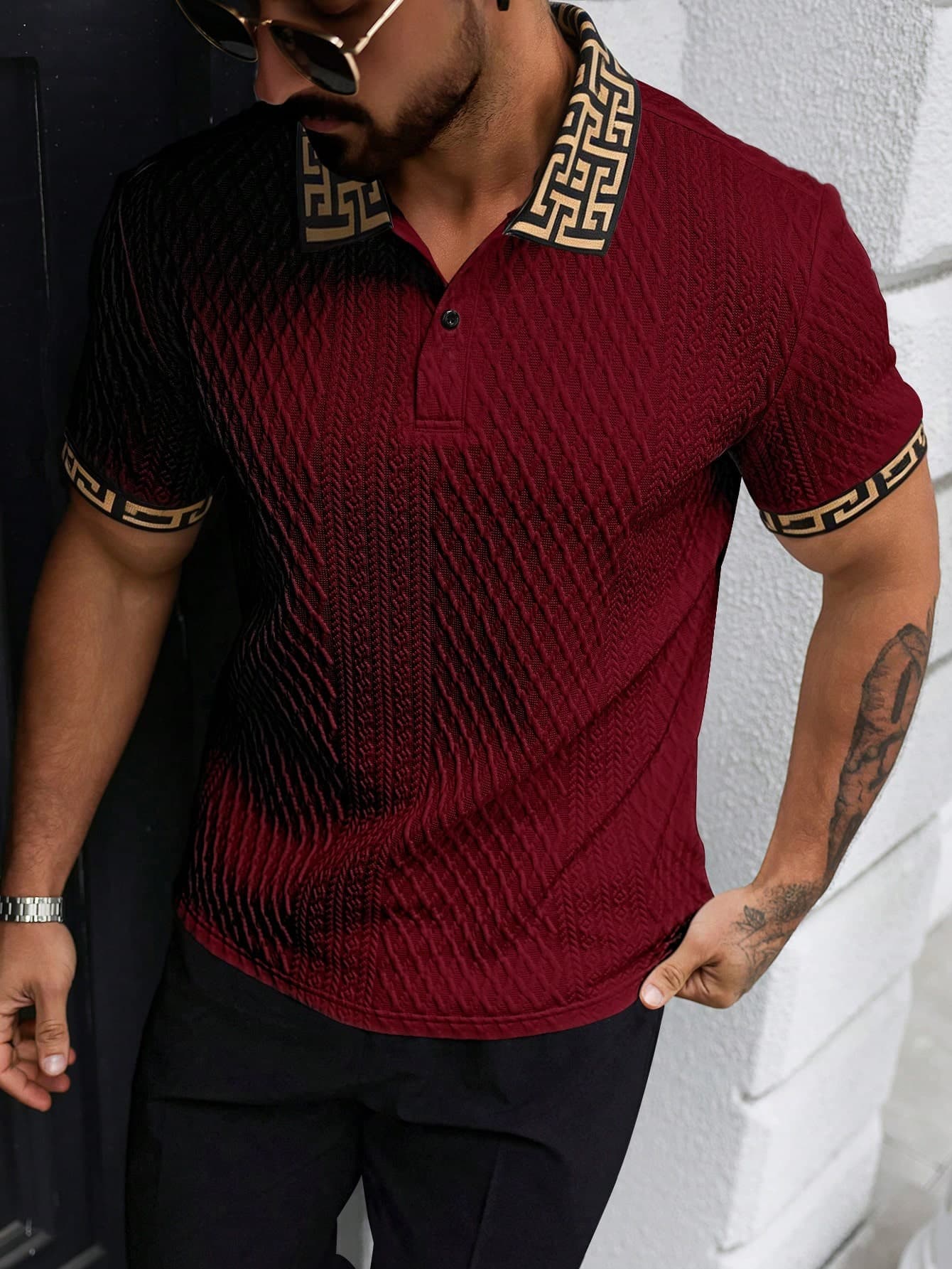 EGENSIO Men's Knit Jacquard Textured Ribbed Collar And Cuffs Polo Shirt, Formal