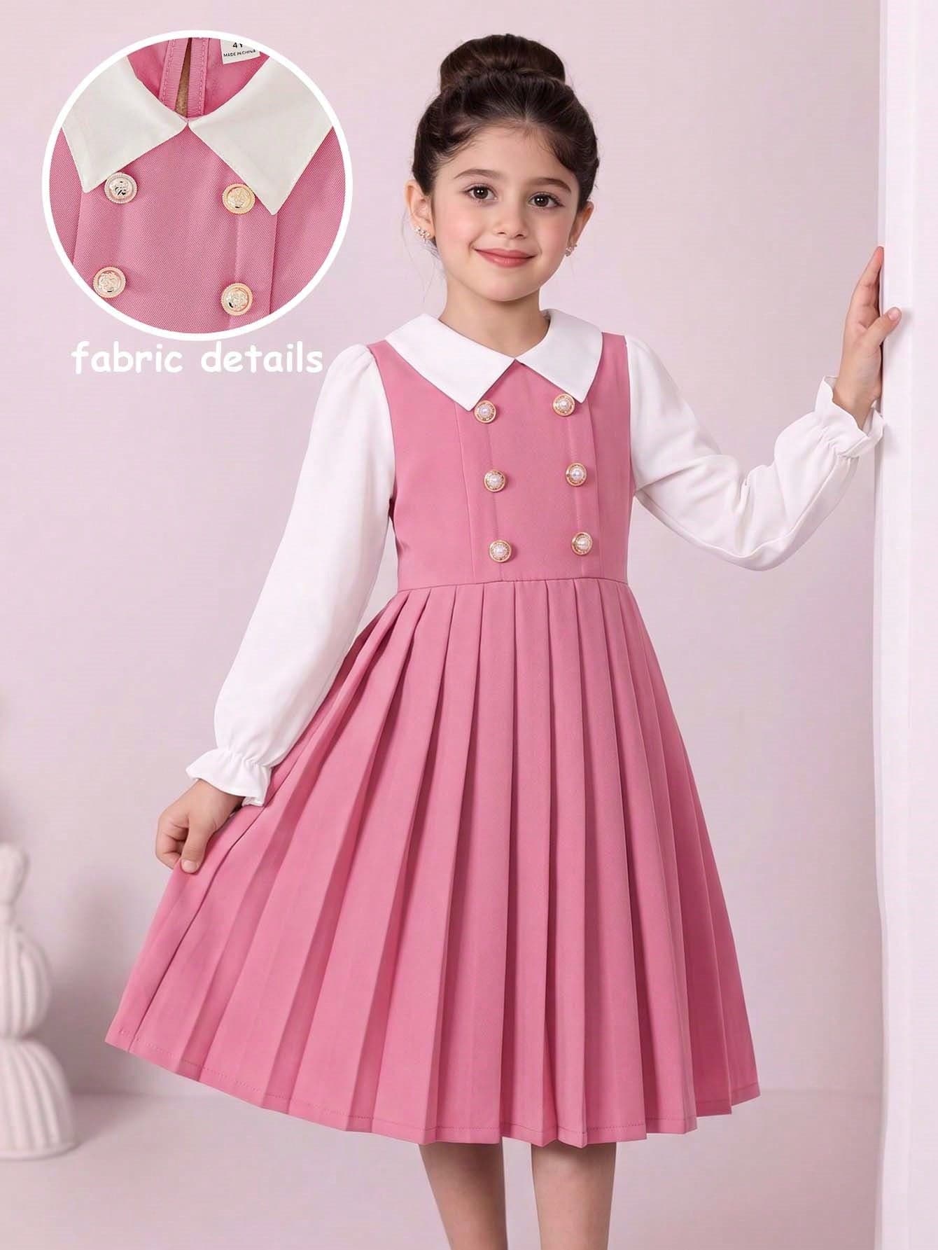 SHEIN Elladie kids Girls' Baby Pink Small Lapel Double-Breasted Pleated Hem Long Sleeve 2 In 1 Dress, Suitable For Daily Casual 7th Birthday, Elegant 90s, Cute