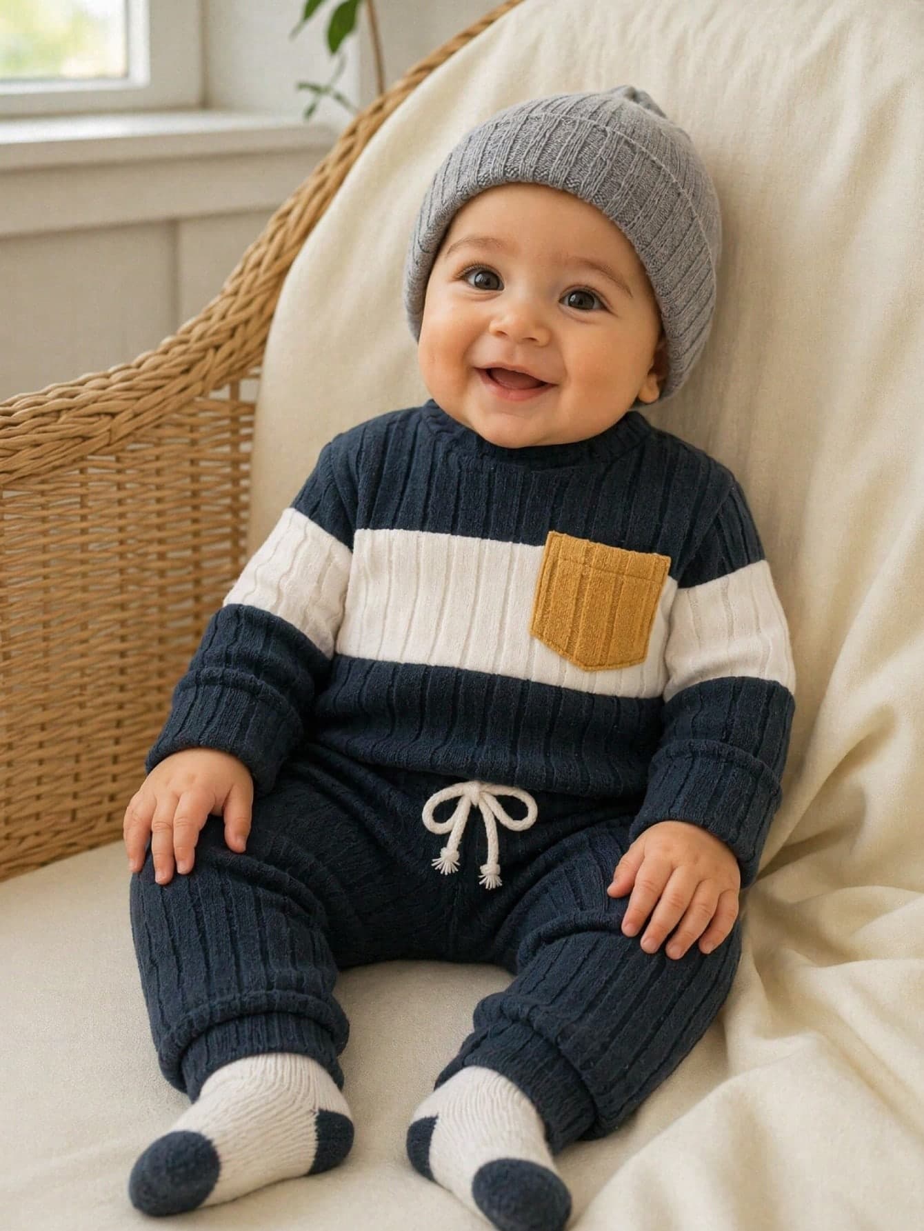 SHEIN Playful Pals Baby Boy Contrast Pocket Long Sleeve Sweatshirt And Pants Casual Set