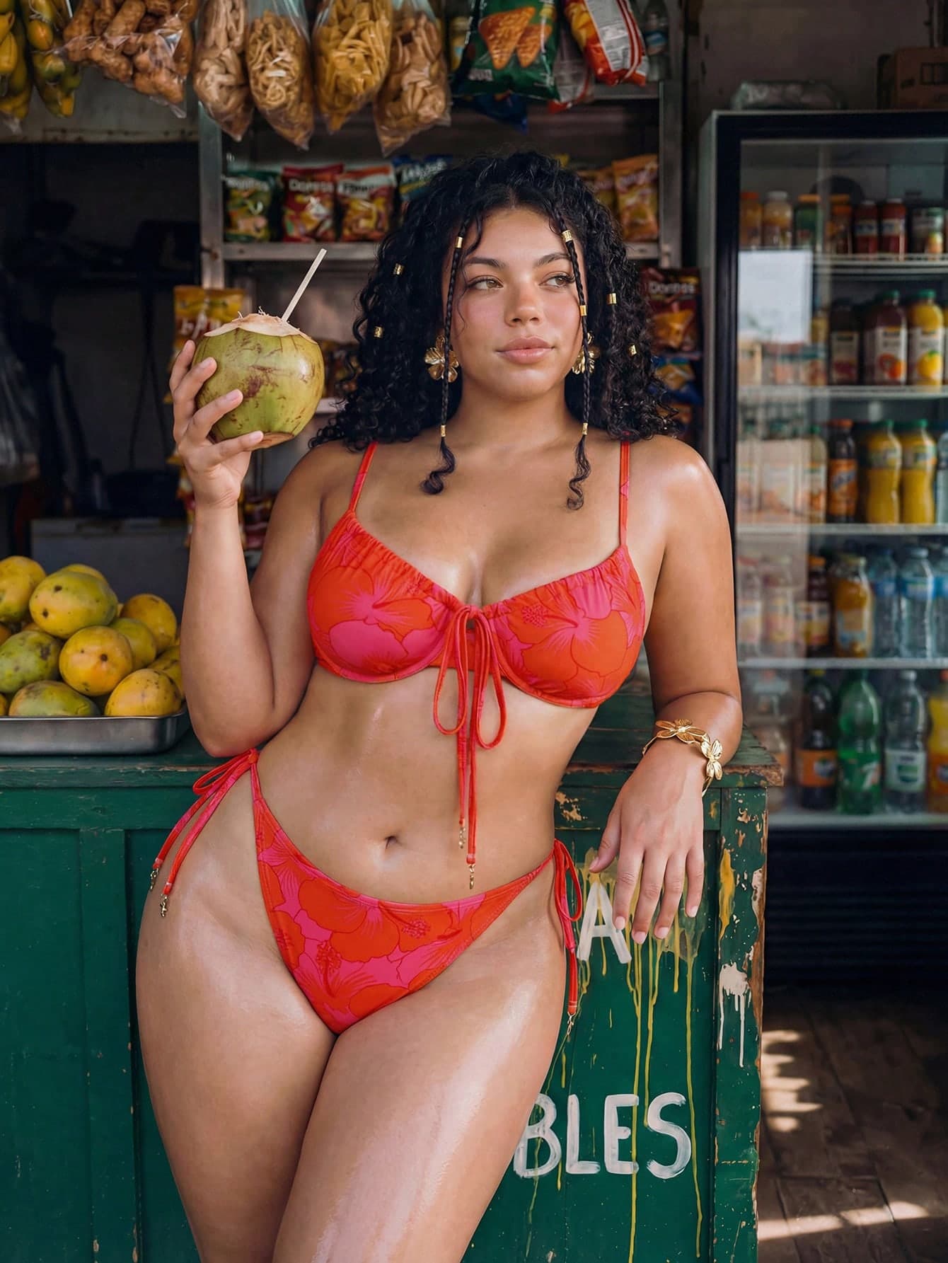 Swim Mod Plus Size Women 2pcs/Set Random Print Spaghetti Strap Sexy Beach Holiday Bikini Swimwear