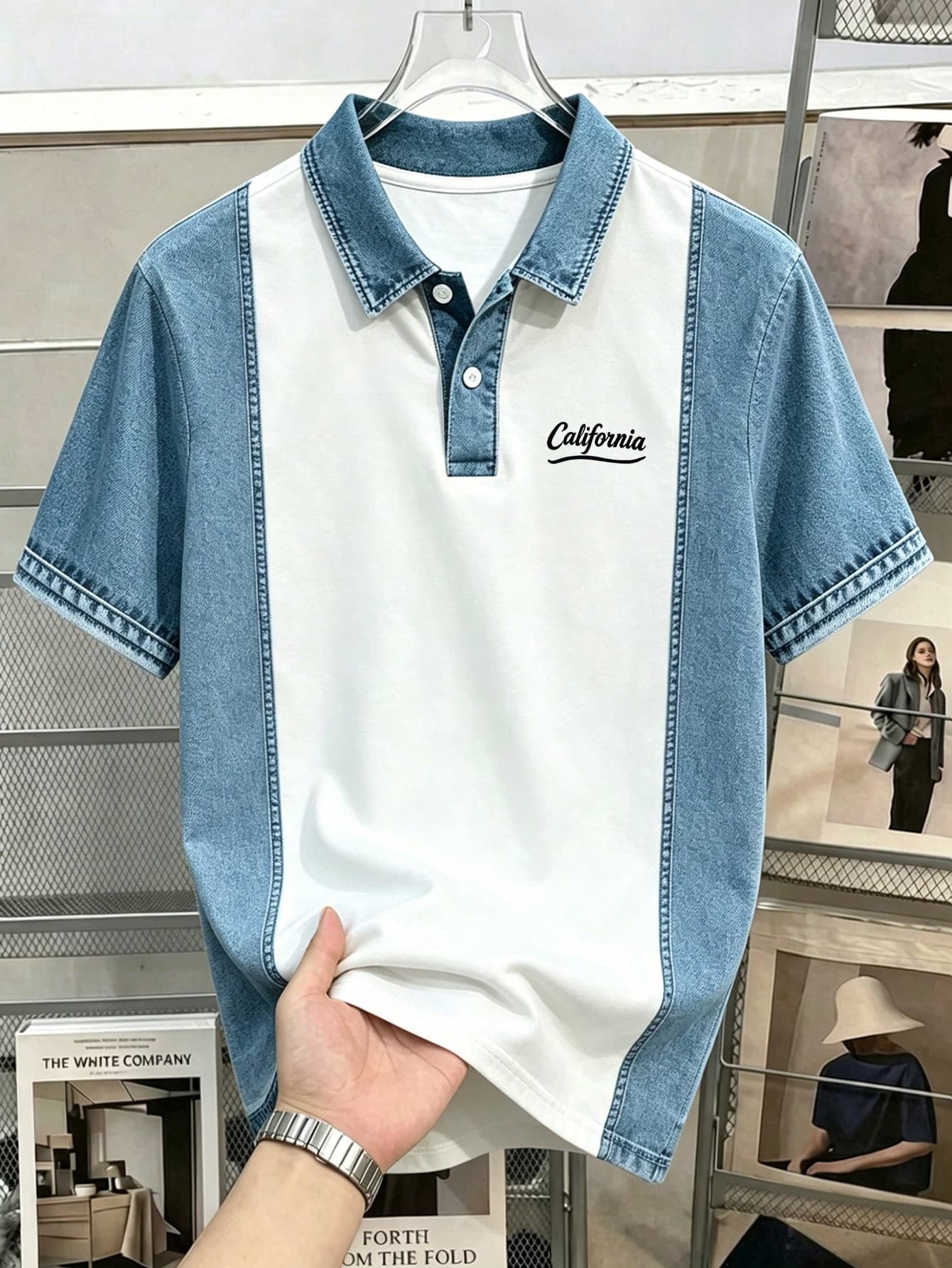 Manfinity Joysei Men's American Vintage Denim Effect Patchwork Short Sleeve POLO Shirt, Contrast Color Denim Effect Patchwork, Vintage California Style, This One Lets You Easily Wear Street High-End Sense, Suitable For Fashionable Young Men Who Pursue Individuality, Love American Vintage Or Cargo Style Style, And Pay Attention To Design