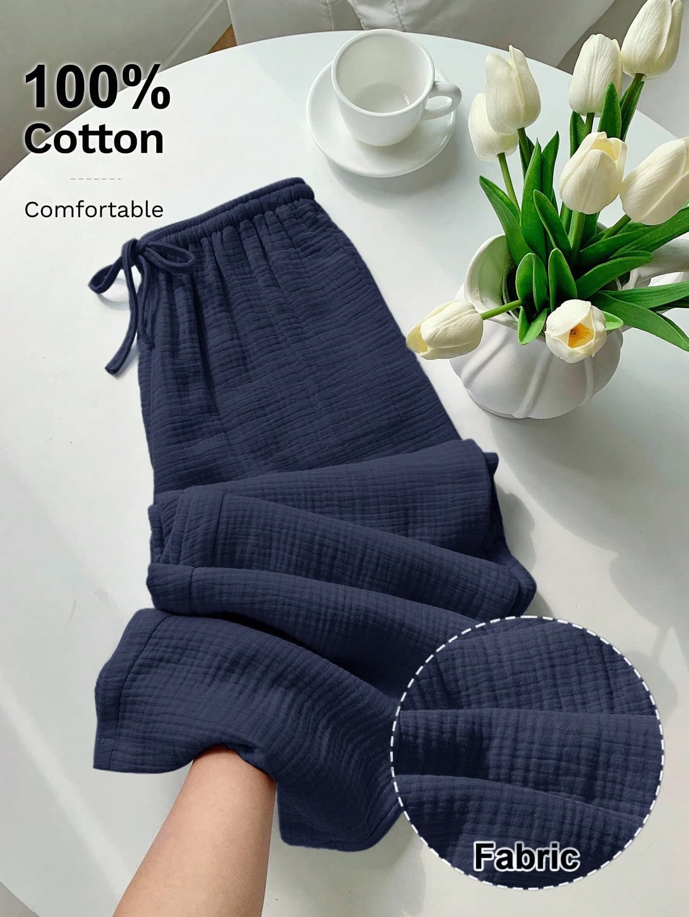 SHEIN PETITE CURVE Plus Size Women's Solid Color Full Elastic Waist Casual Long Pants