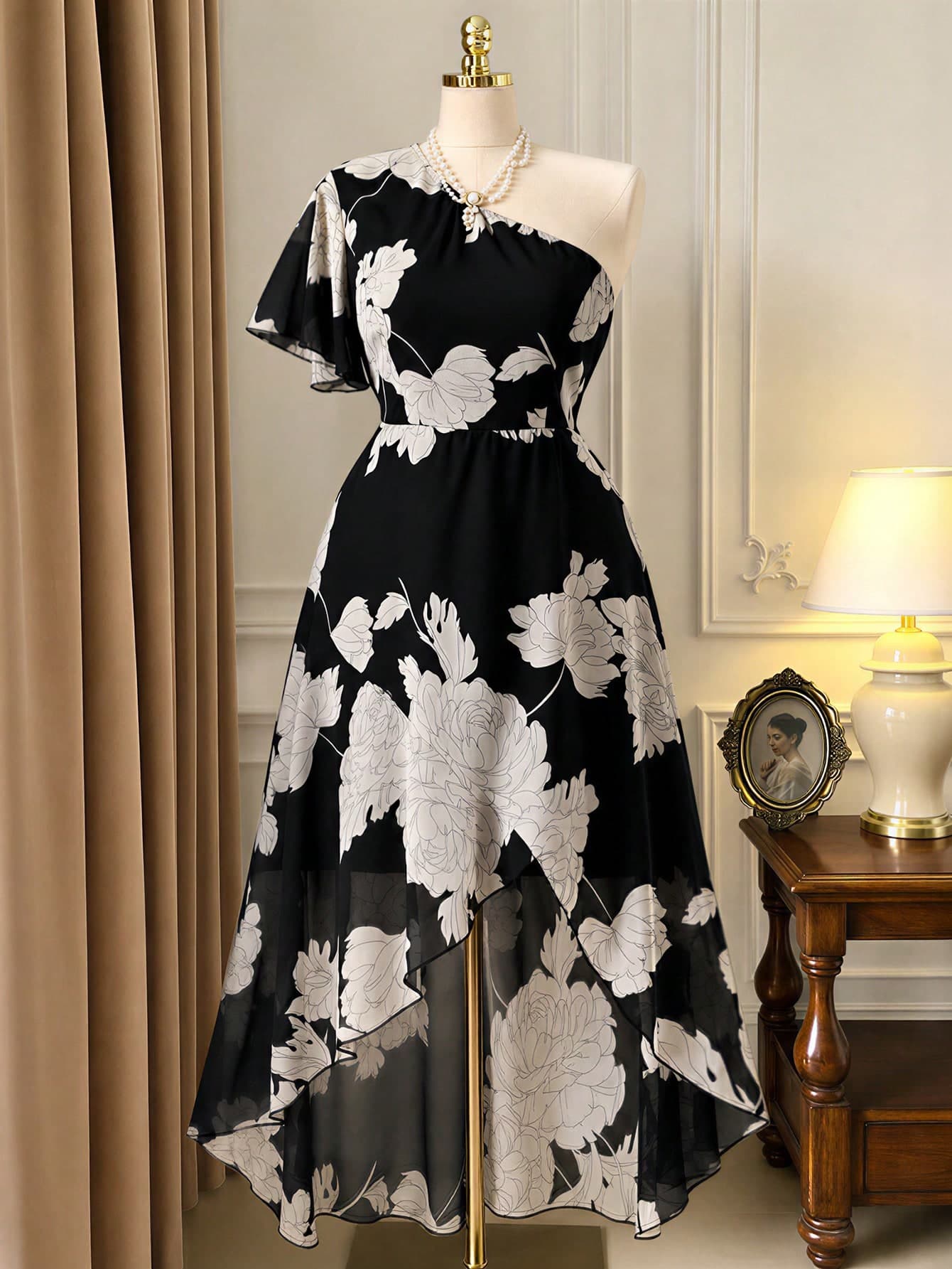 Rometta Plus Size Asymmetrical Hem Chiffon Printed Asymmetric Neck Dress