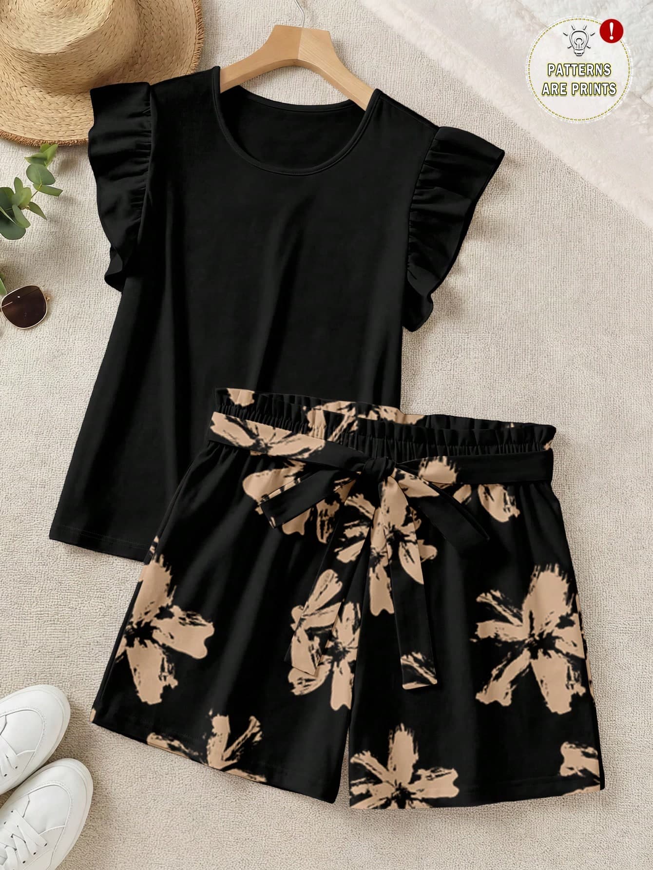 EMERY ROSE Elegant Solid Color Ruffle Top And Printed Shorts Two Pieces Set,